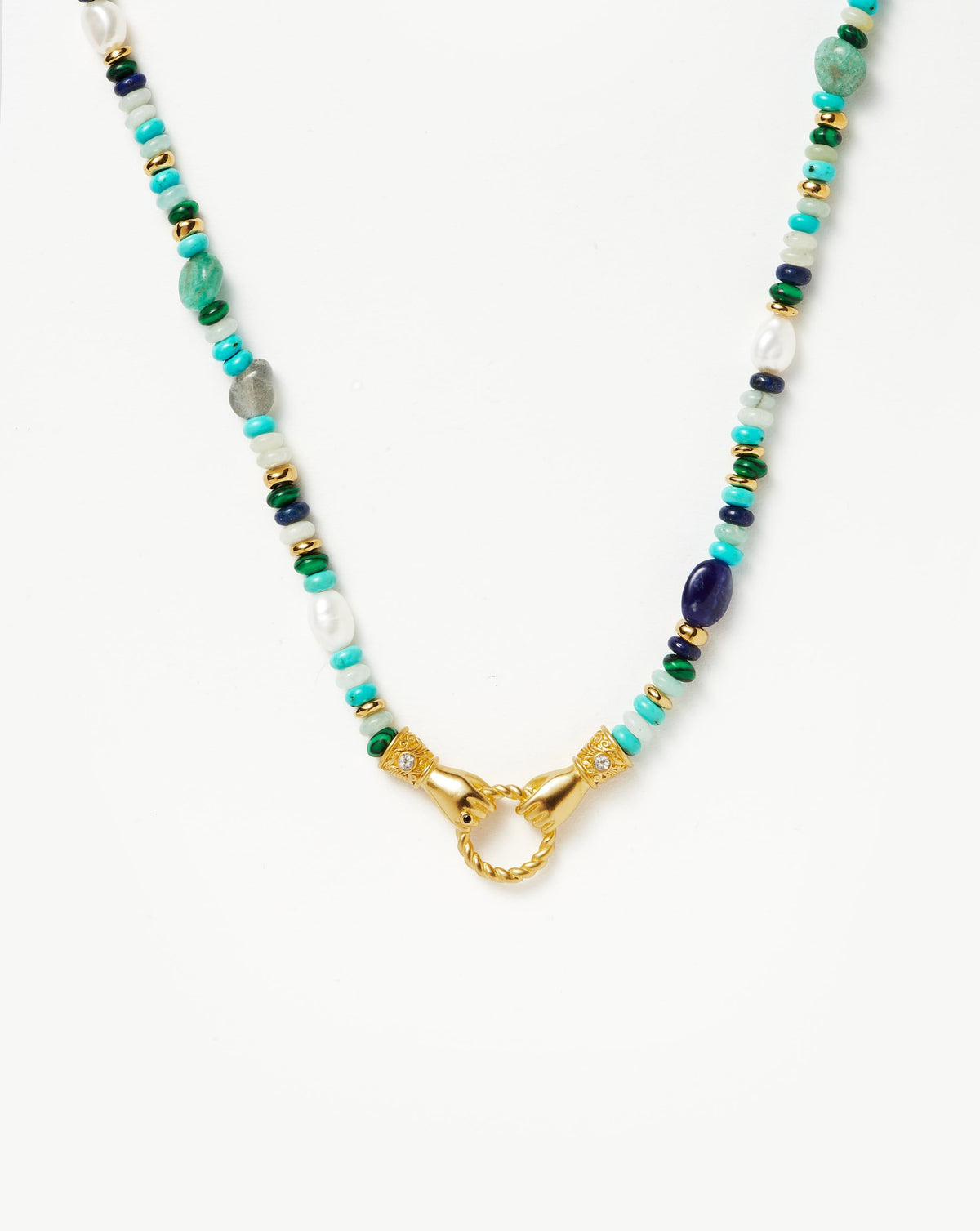 Harris Reed In Good Hands Beaded Gemstone Necklace | 18k Gold Plated/Turquoise, Lapis & Pearl
