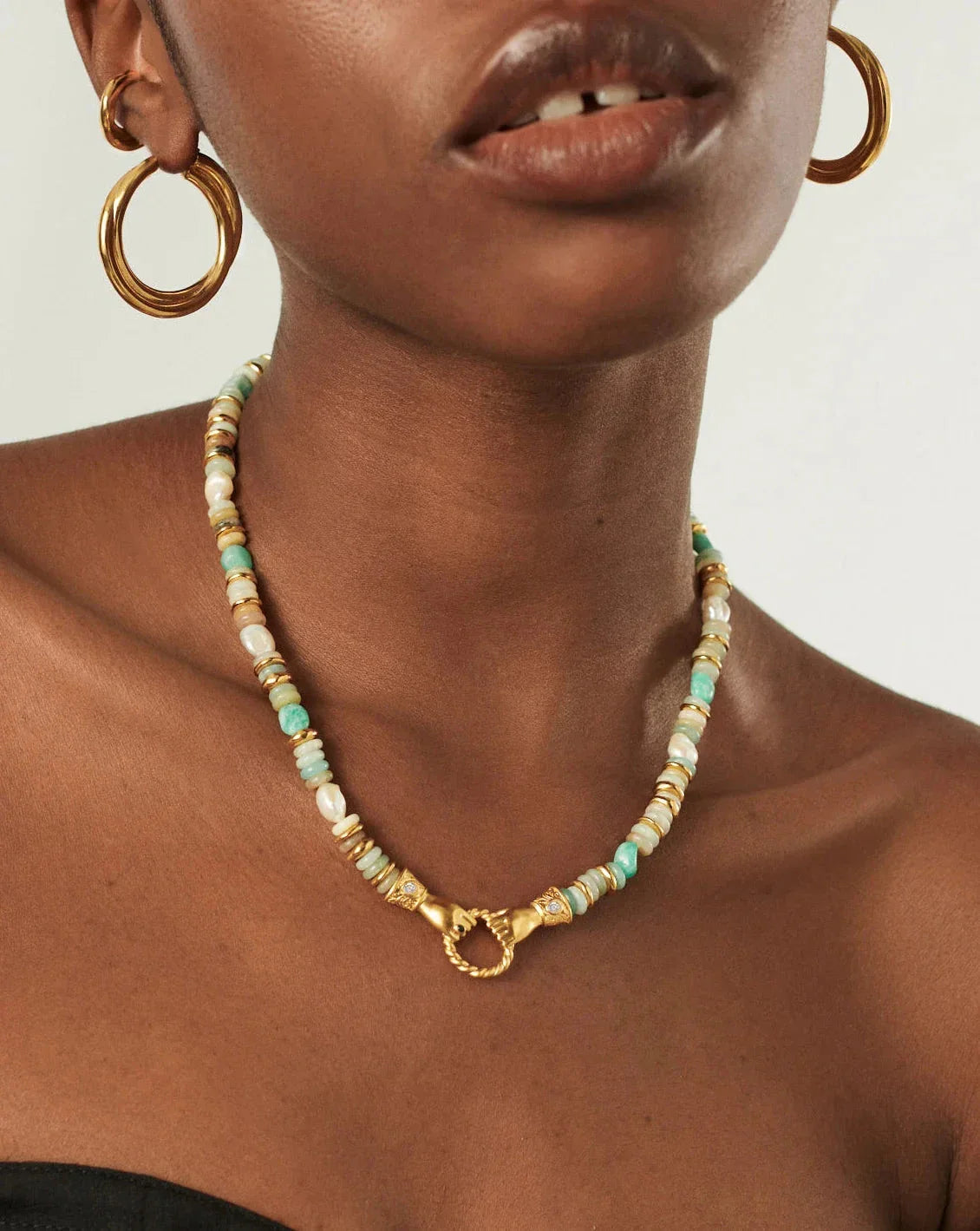 Harris Reed In Good Hands Chunky Beaded Gemstone Necklace | 18k Gold Plated/Multi Amazonite & Pearl