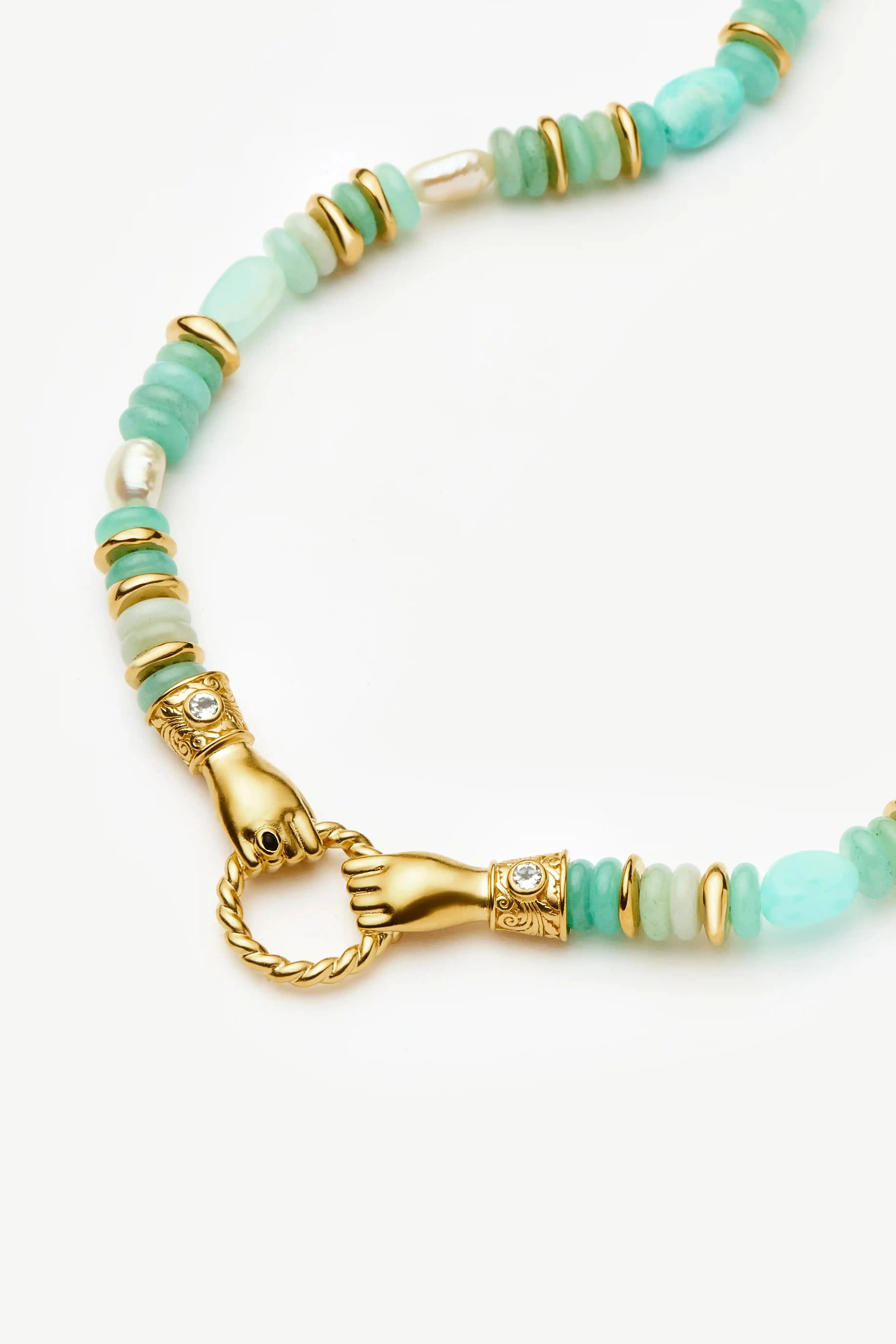 Harris Reed In Good Hands Chunky Beaded Gemstone Necklace | 18k Gold Plated/Multi Amazonite & Pearl