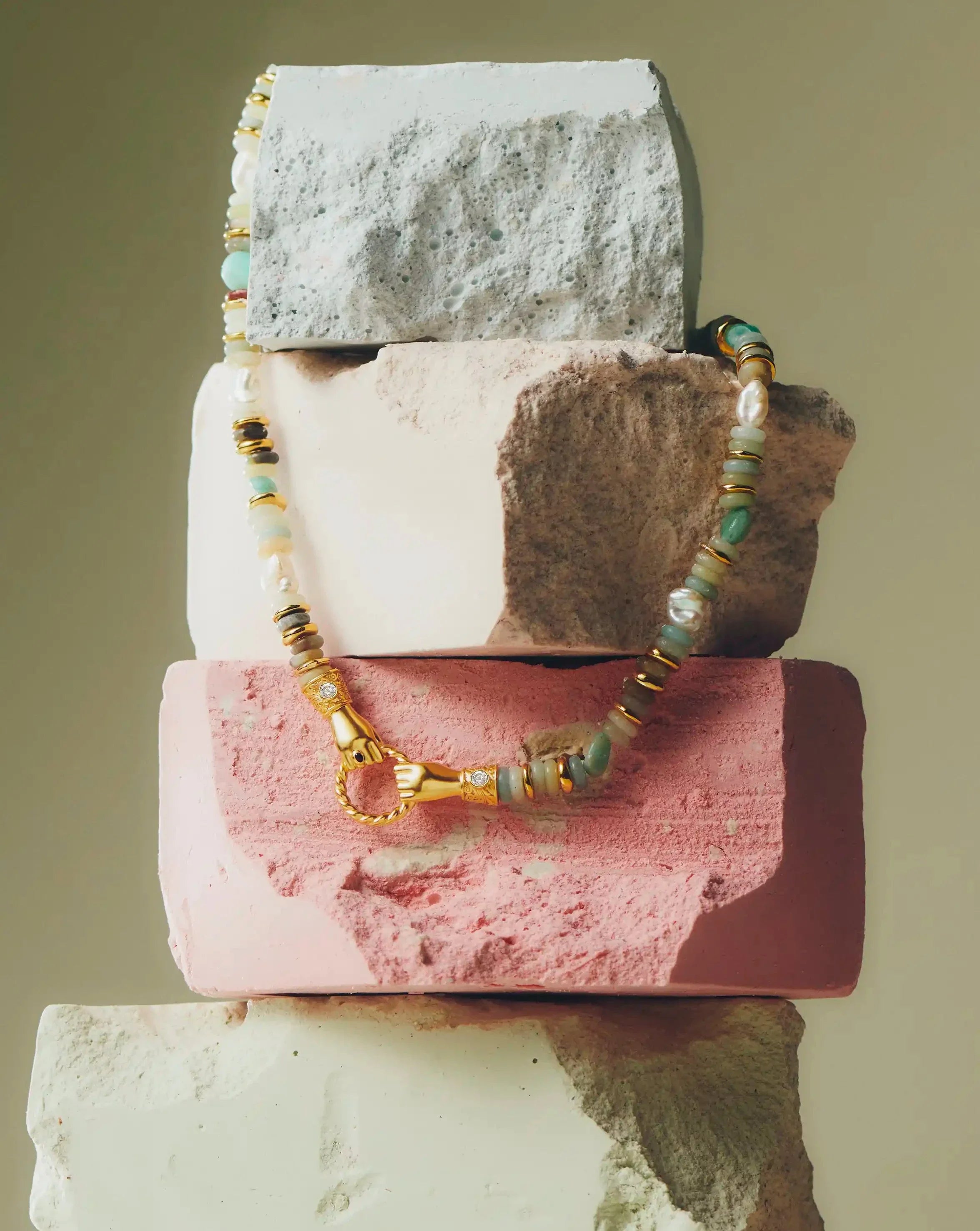 Harris Reed In Good Hands Chunky Beaded Gemstone Necklace | 18k Gold Plated/Multi Amazonite & Pearl