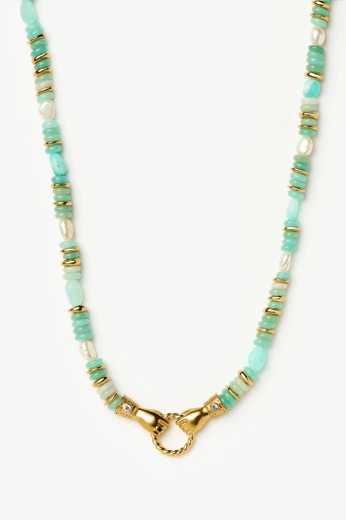 Harris Reed In Good Hands Chunky Beaded Gemstone Necklace | 18k Gold Plated/Multi Amazonite & Pearl