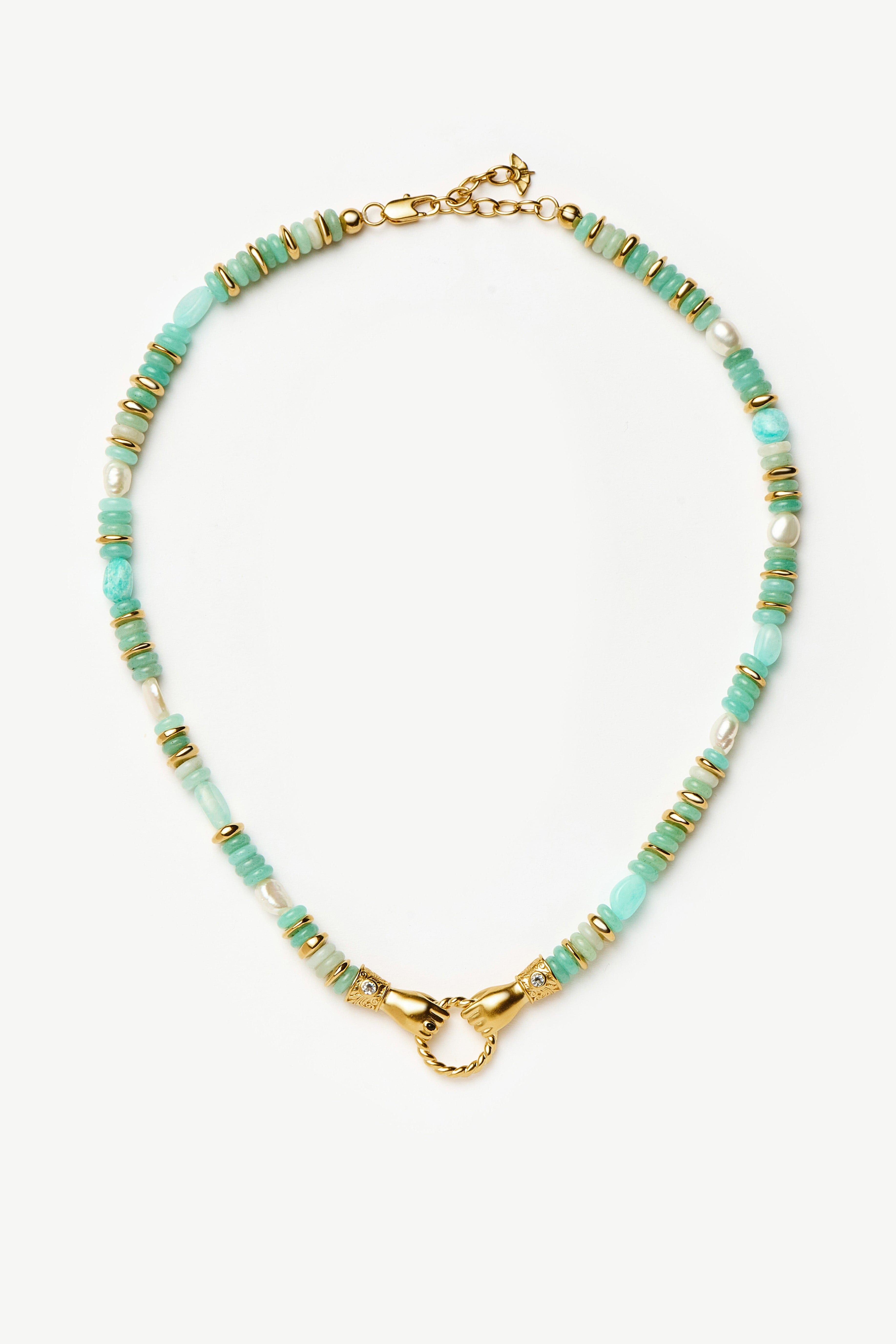 Harris Reed In Good Hands Chunky Beaded Gemstone Necklace | 18k Gold Plated/Multi Amazonite & Pearl