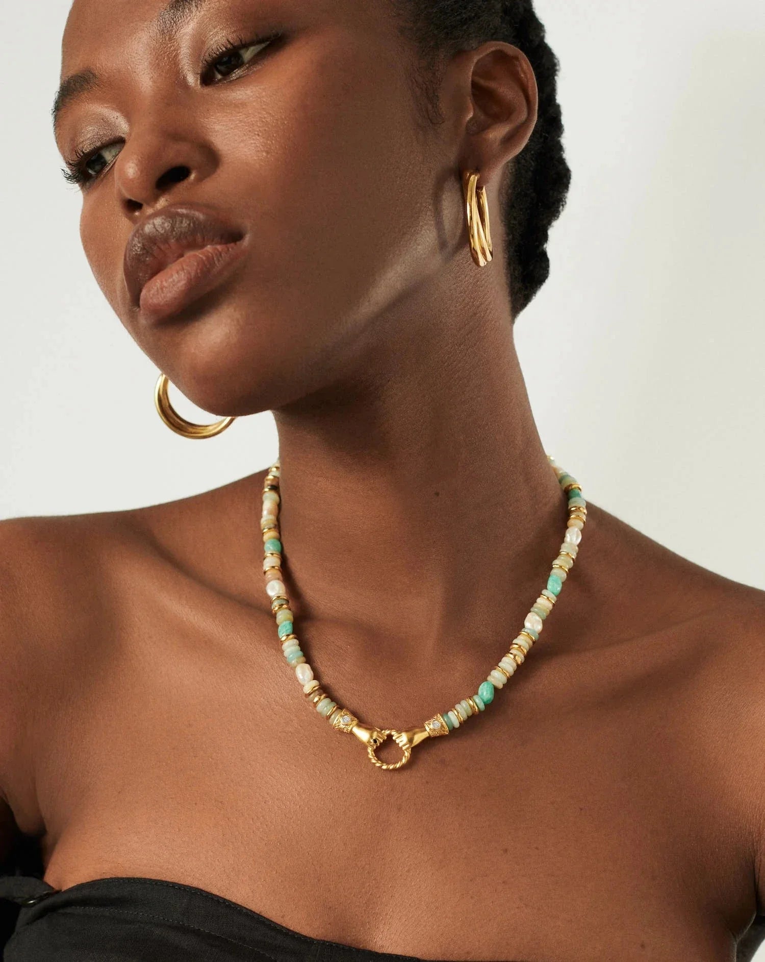 Harris Reed In Good Hands Chunky Beaded Gemstone Necklace | 18k Gold Plated/Multi Amazonite & Pearl