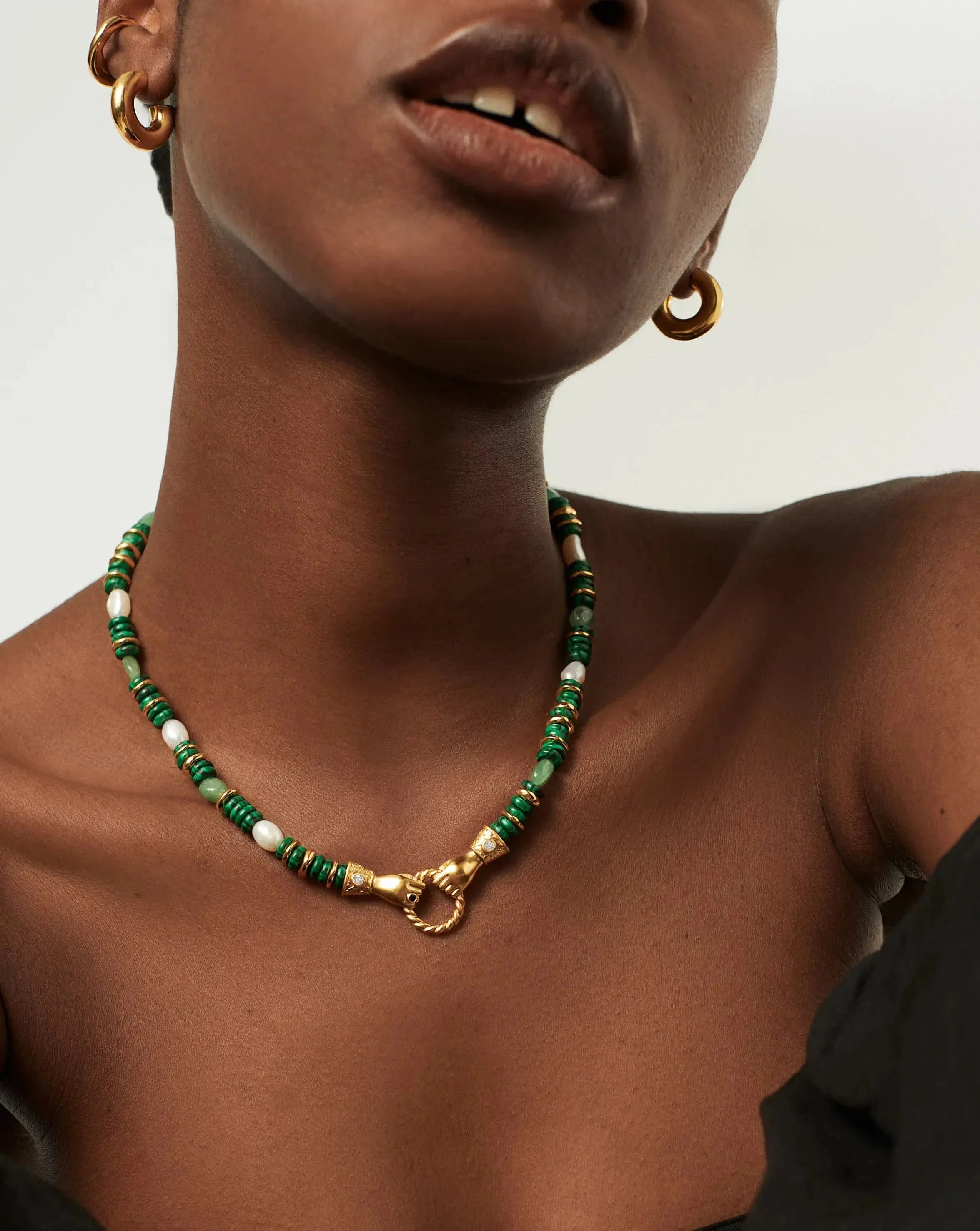 Harris Reed In Good Hands Chunky Beaded Gemstone Necklace | 18k Gold Plated/Multi Green Gemstone & Pearl