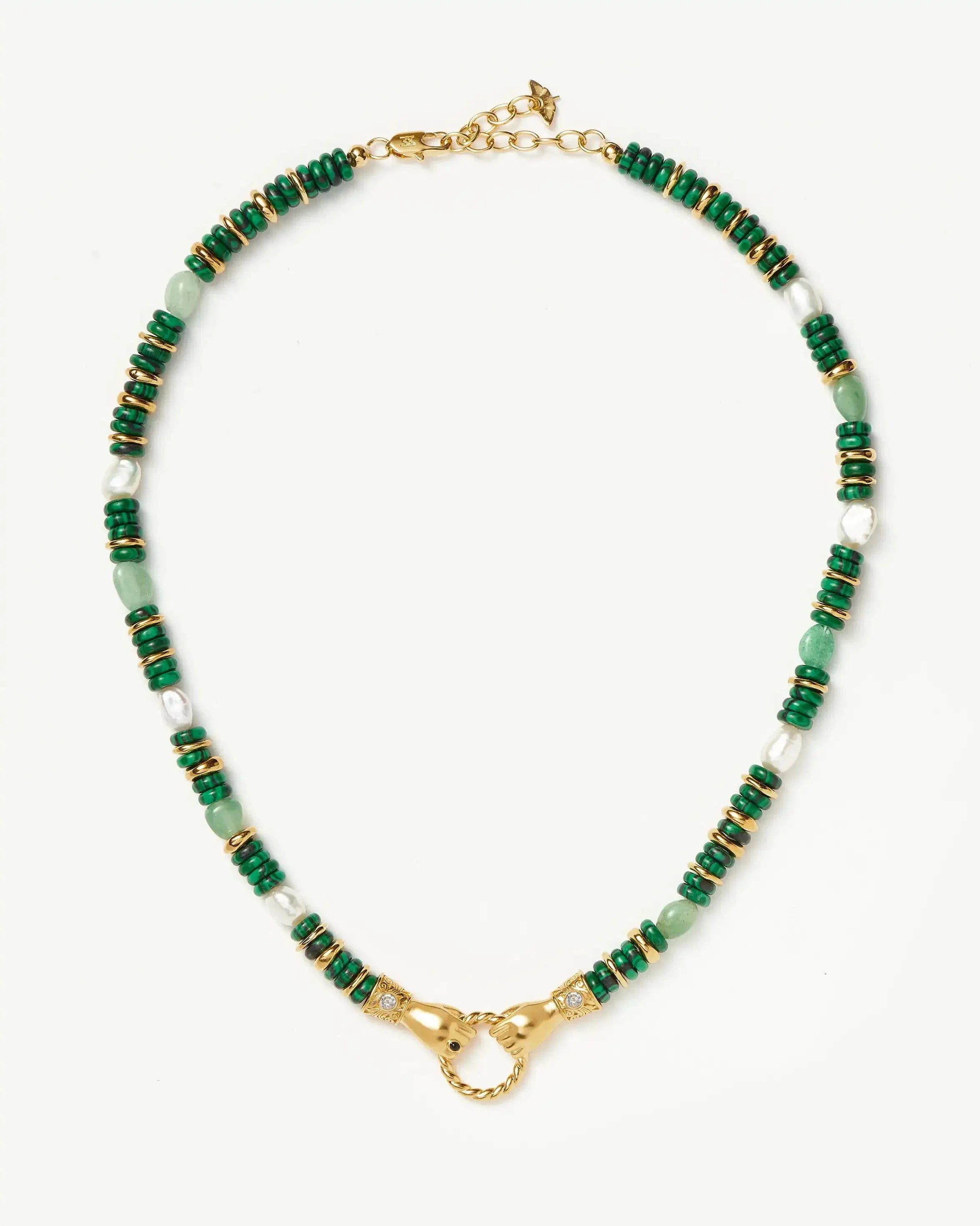 Harris Reed In Good Hands Chunky Beaded Gemstone Necklace | 18k Gold Plated/Multi Green Gemstone & Pearl