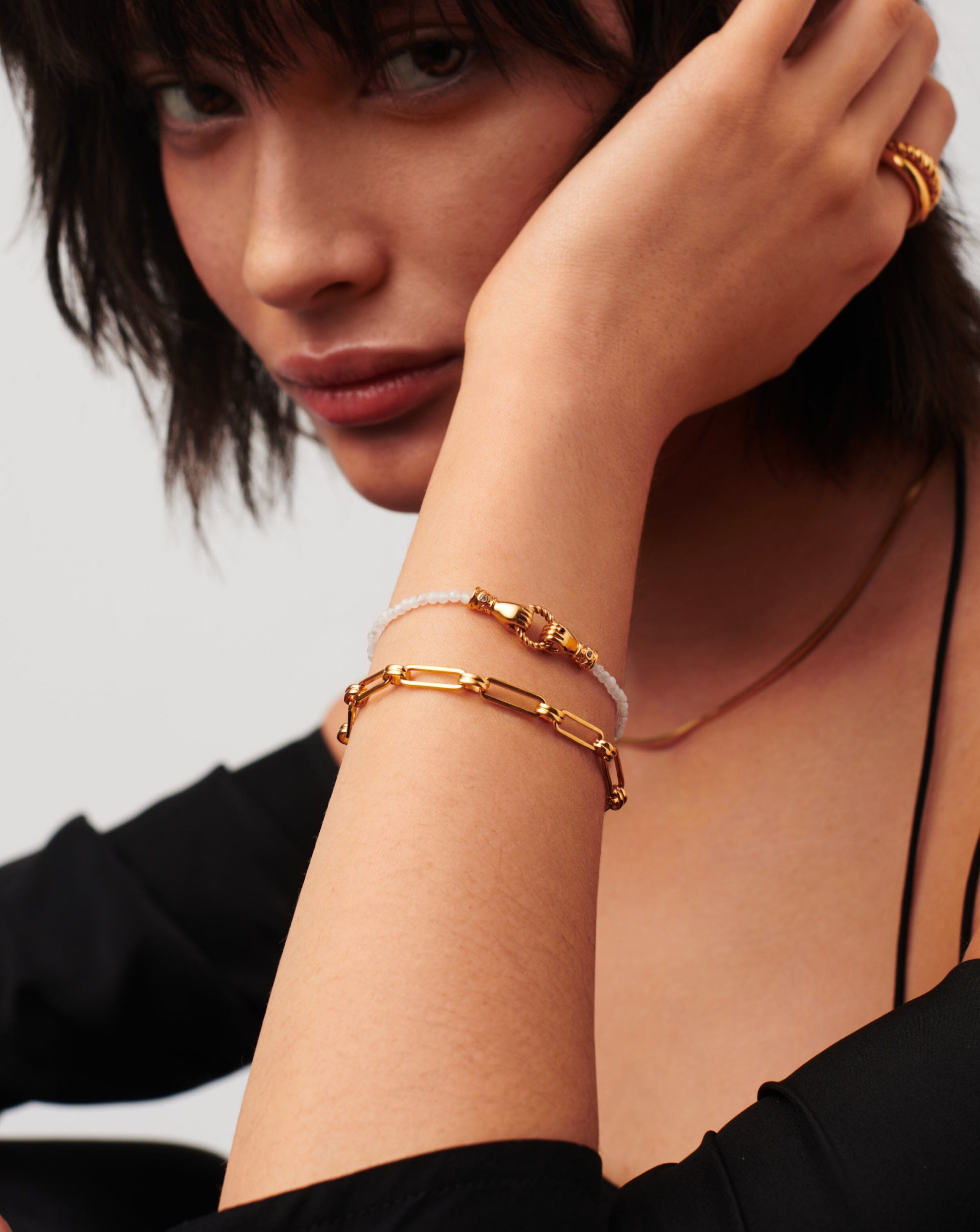 Harris Reed In Good Hands Mini Beaded Gemstone Bracelet | 18k Gold Plated/Rainbow Moonstone