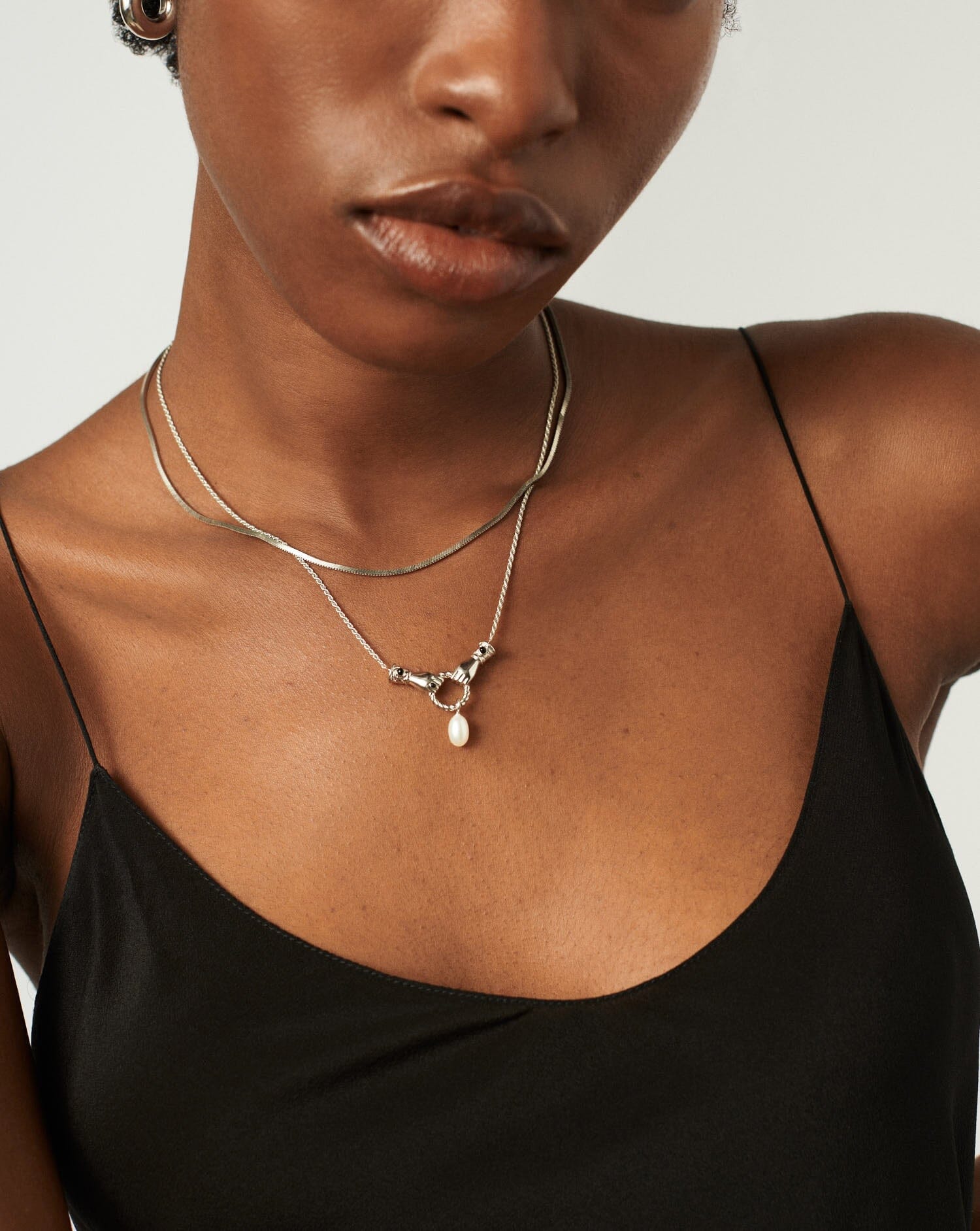 Harris Reed In Good Hands Drop Pendant Necklace | Silver Plated/Pearl & Black Onyx