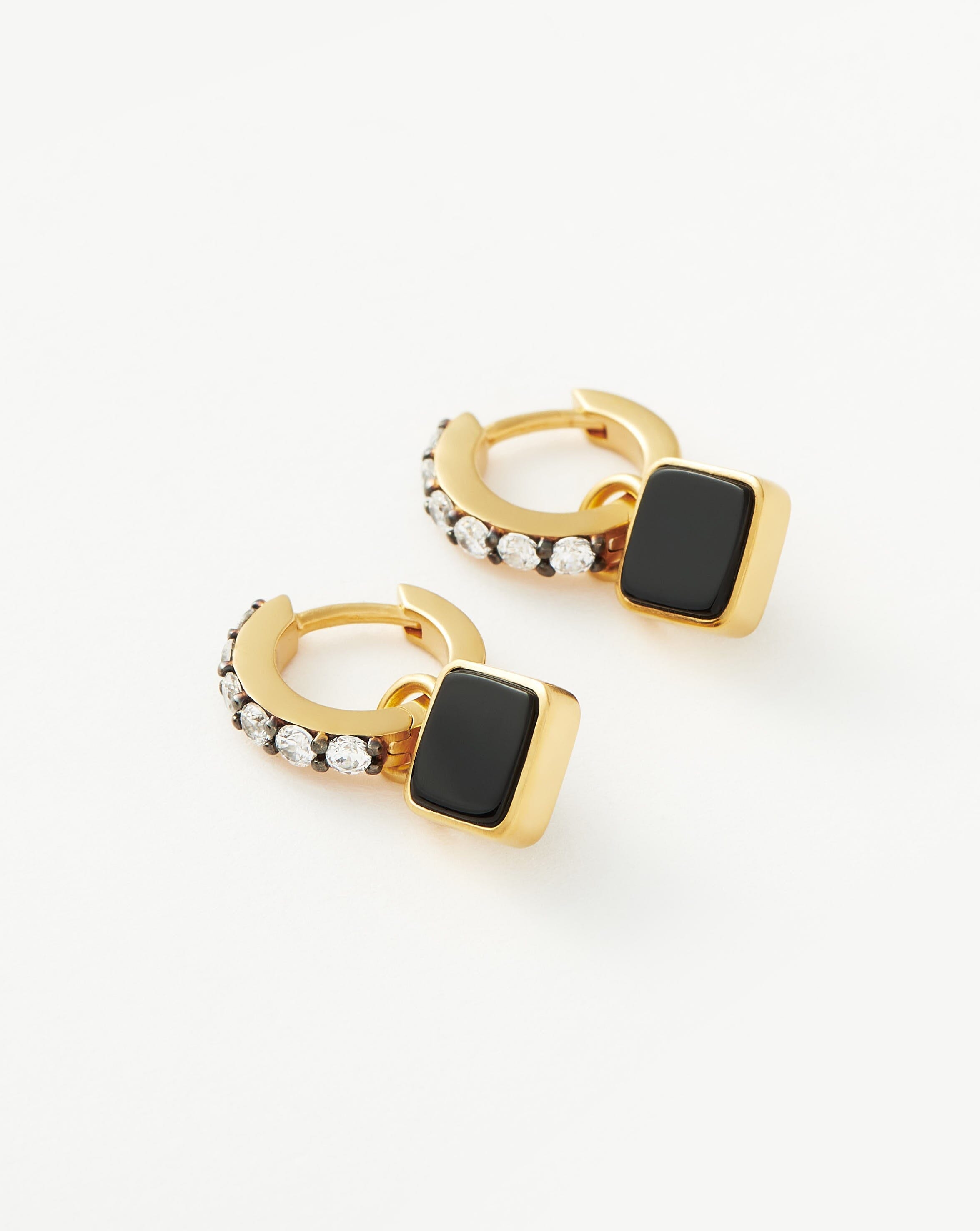 Lucy Williams Square Black Onyx Charm Hoop Earrings  | 18k Gold Vermeil/Black Onyx