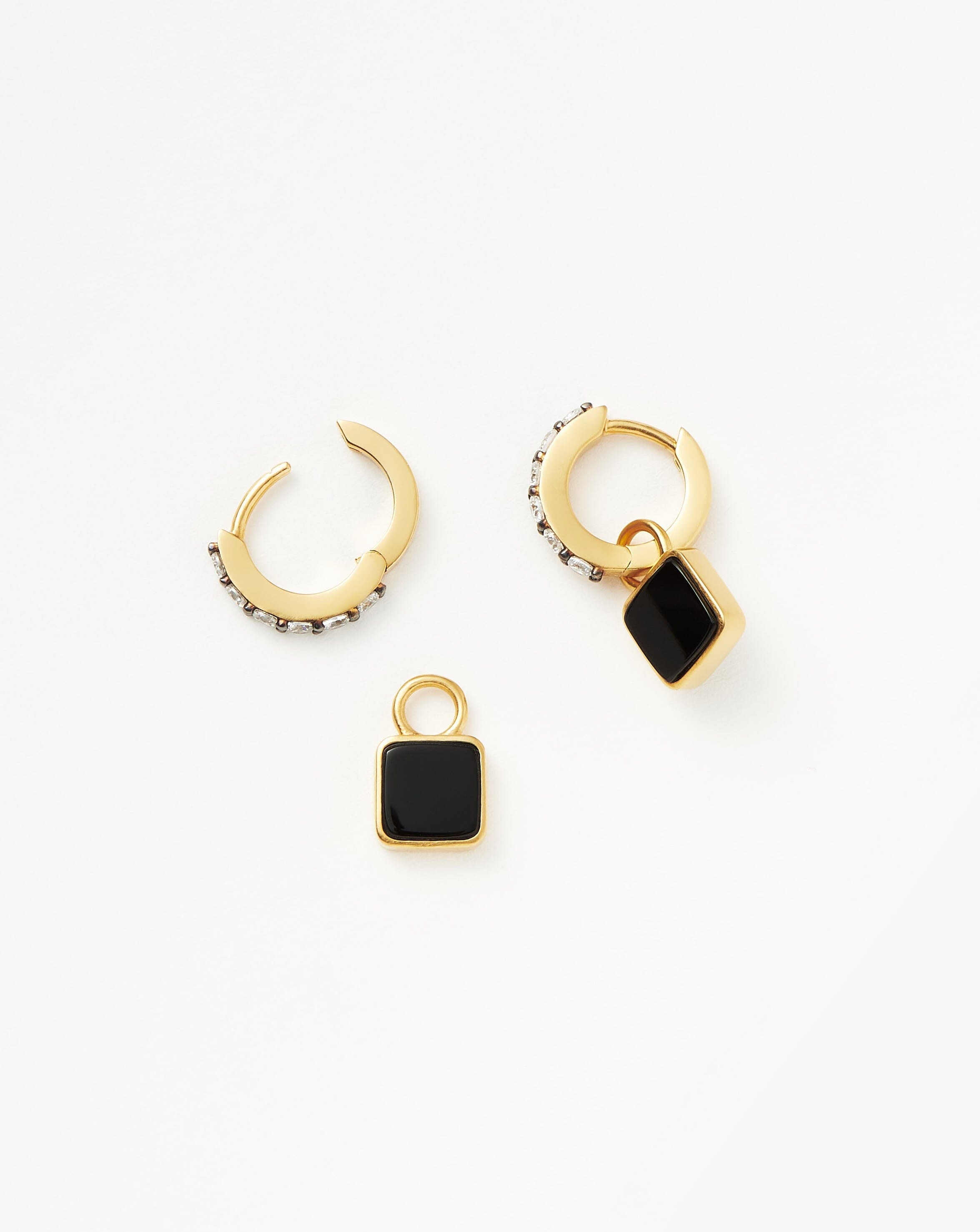 Lucy Williams Square Black Onyx Charm Hoop Earrings  | 18k Gold Vermeil/Black Onyx