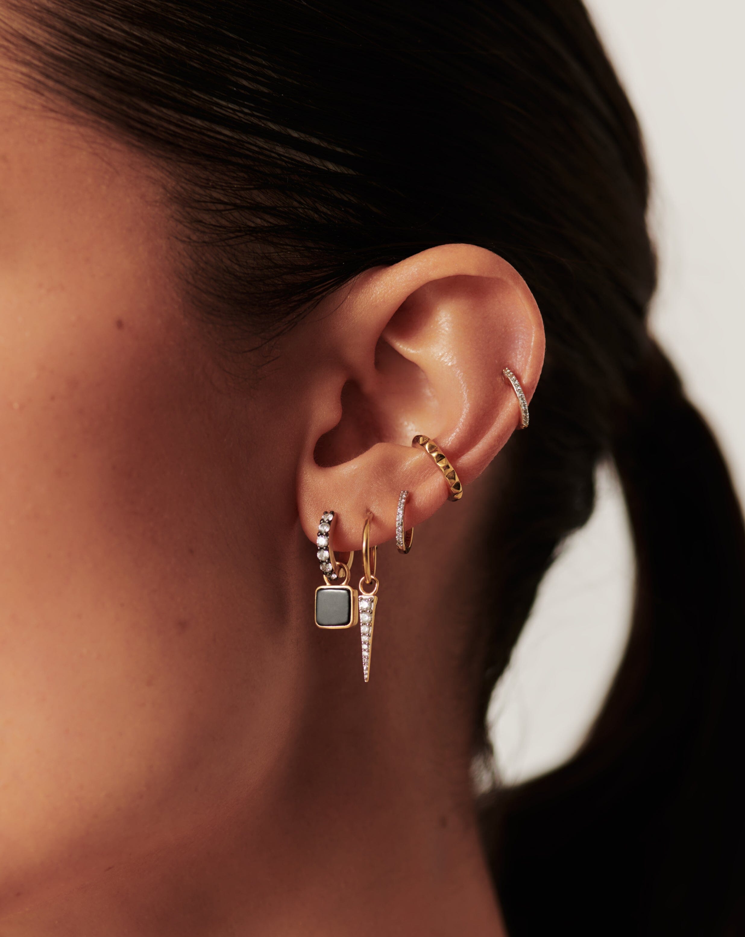 Lucy Williams Square Black Onyx Charm Hoop Earrings  | 18k Gold Vermeil/Black Onyx