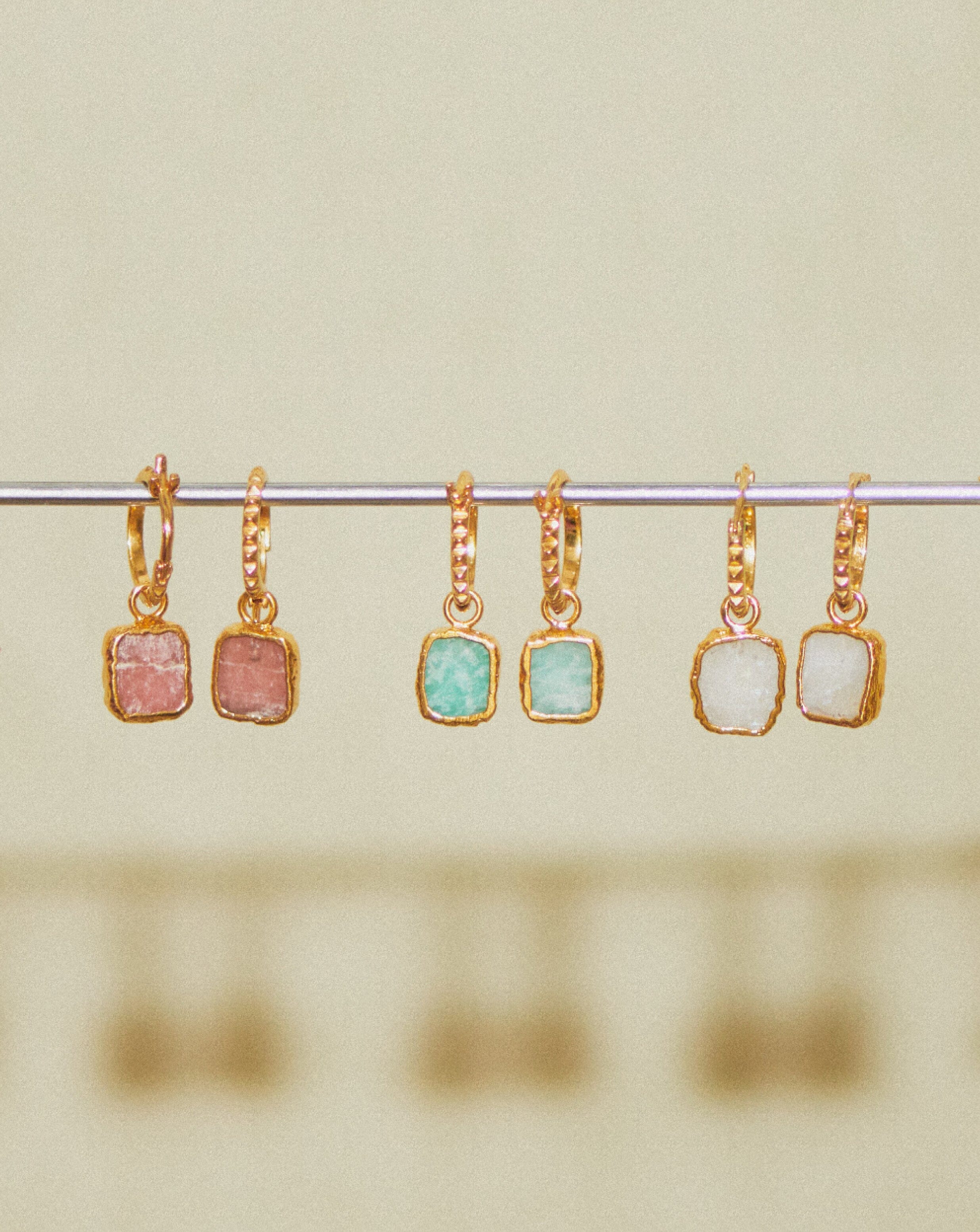 Mini Pyramid Charm Hoop Earrings | 18k Gold Vermeil/Rhodochrosite