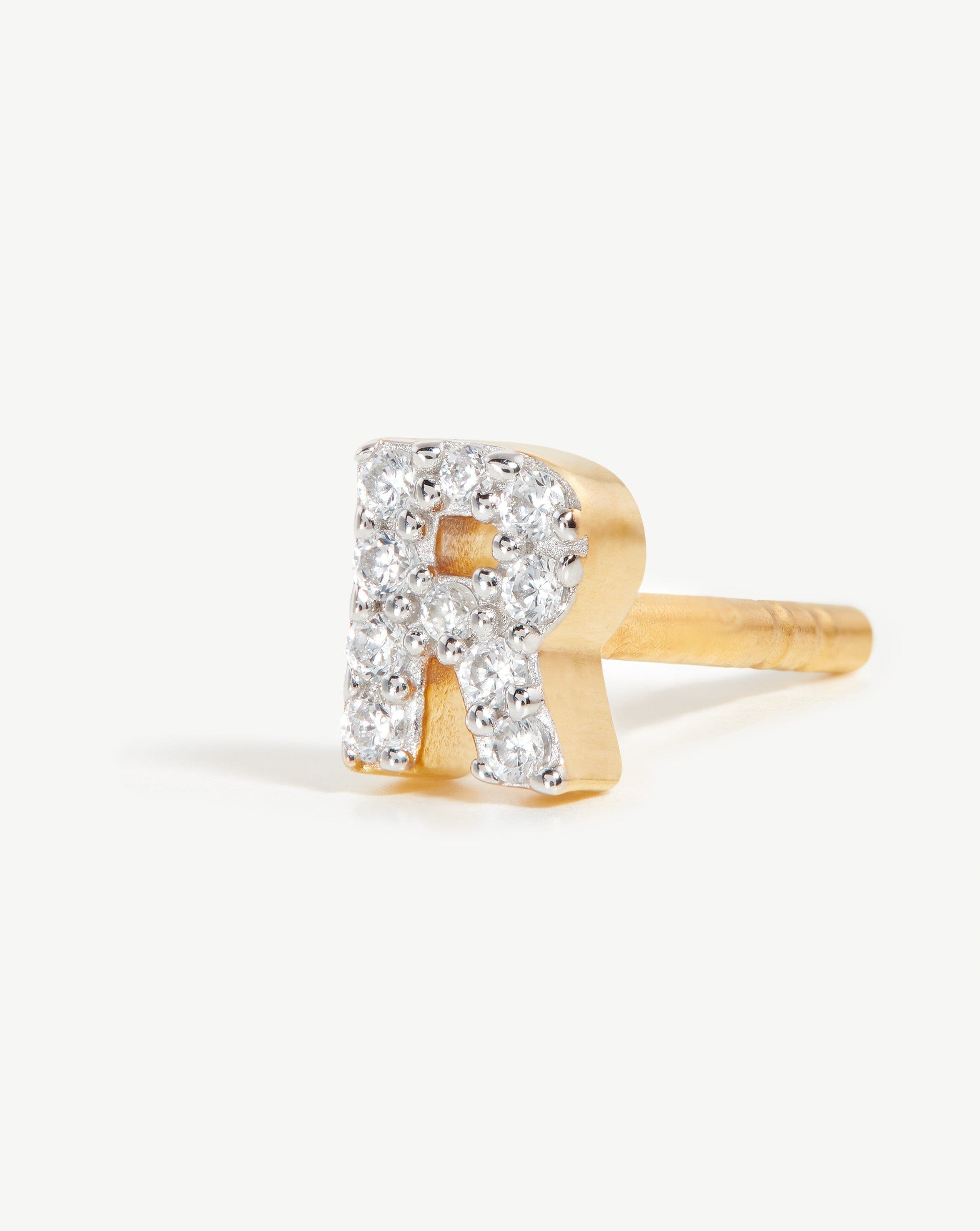 Pave Initial Single Stud Earring - Initial R | 18k Gold Vermeil/Cubic Zirconia