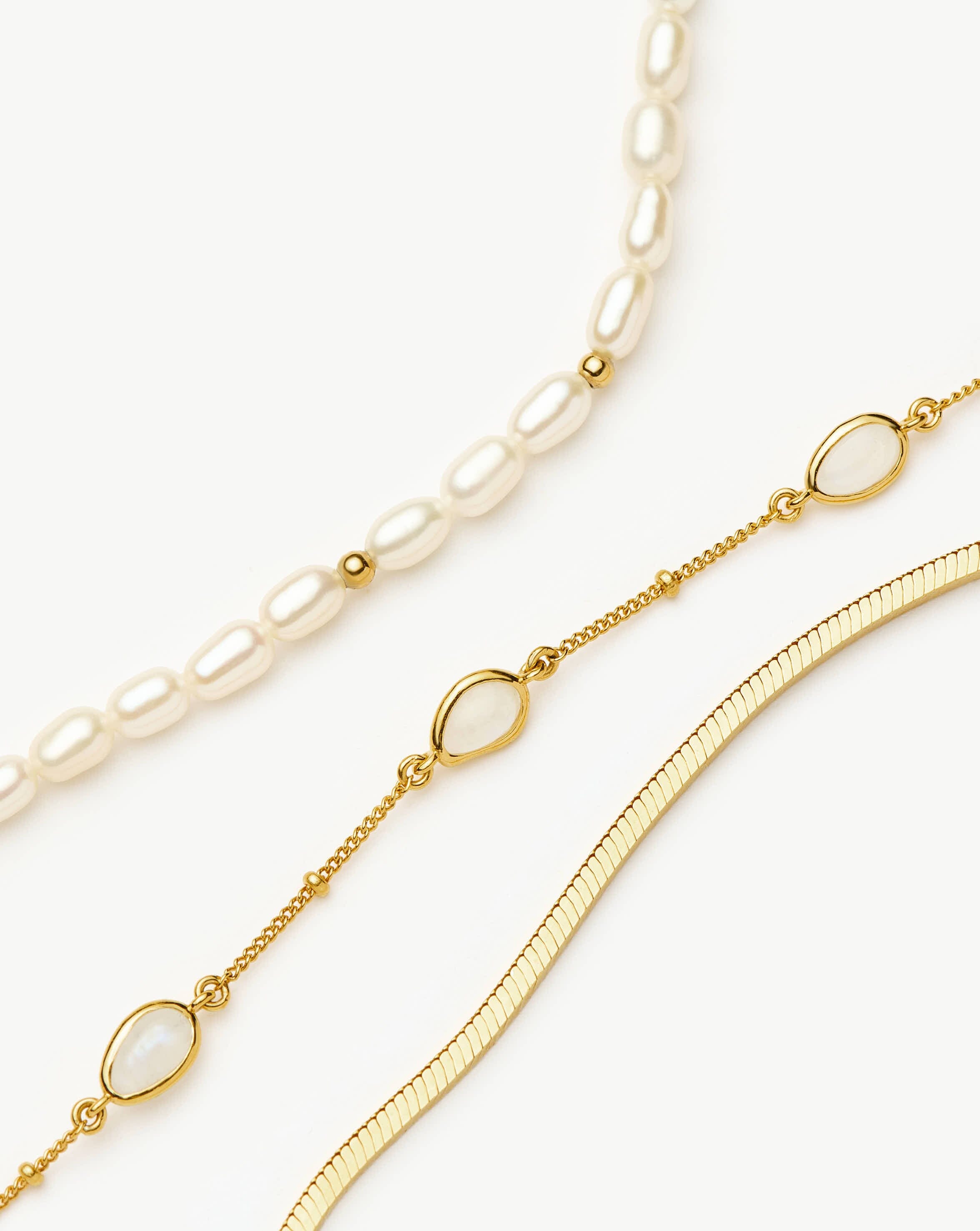 Pearl & Snake Chain Triple Bracelet Set | 18k Gold Plated