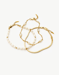 Pearl & Snake Chain Triple Bracelet Set | 18k Gold Plated
