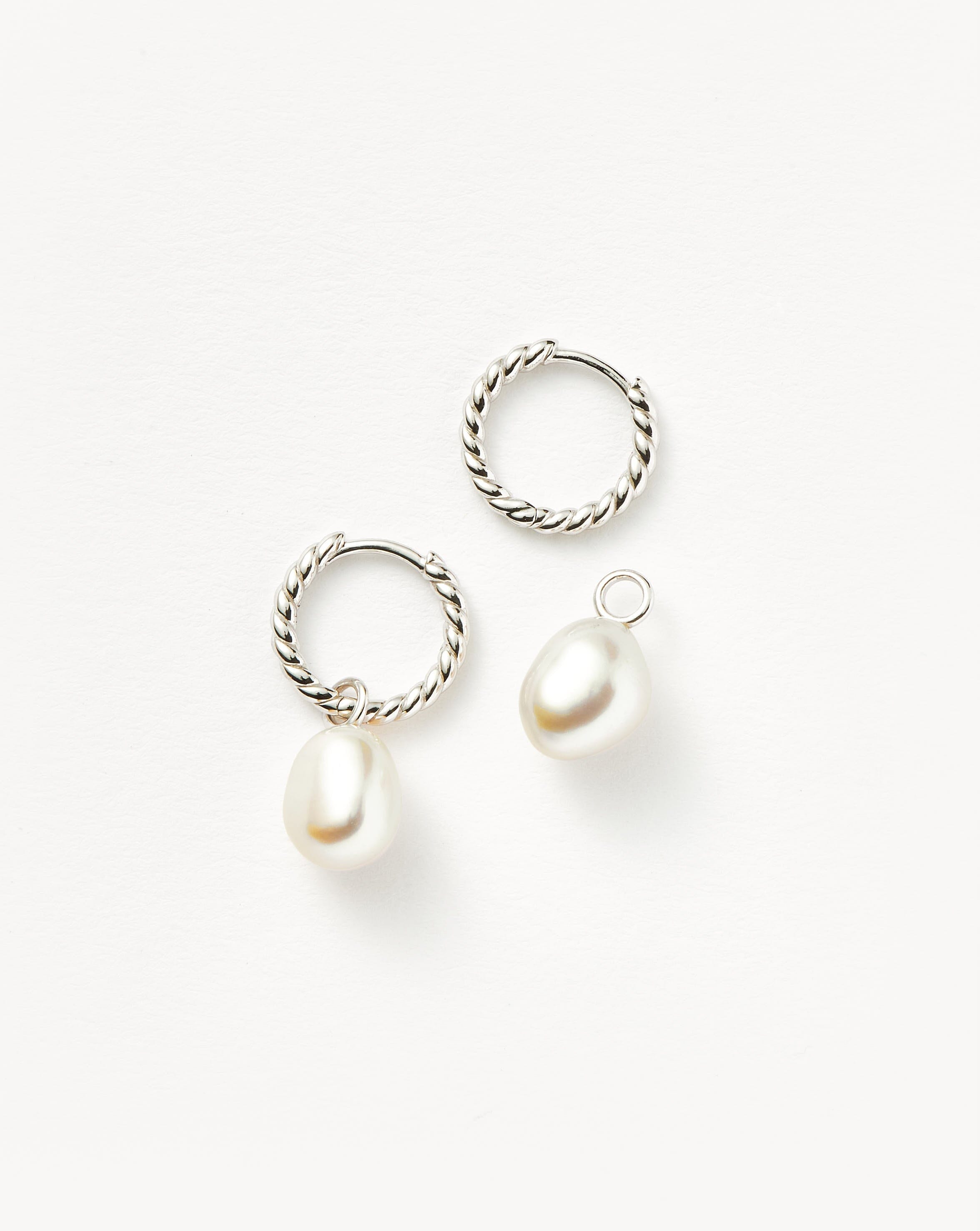 Pearl Twisted Small Drop Hoop Earrings | Sterling Silver/Pearl