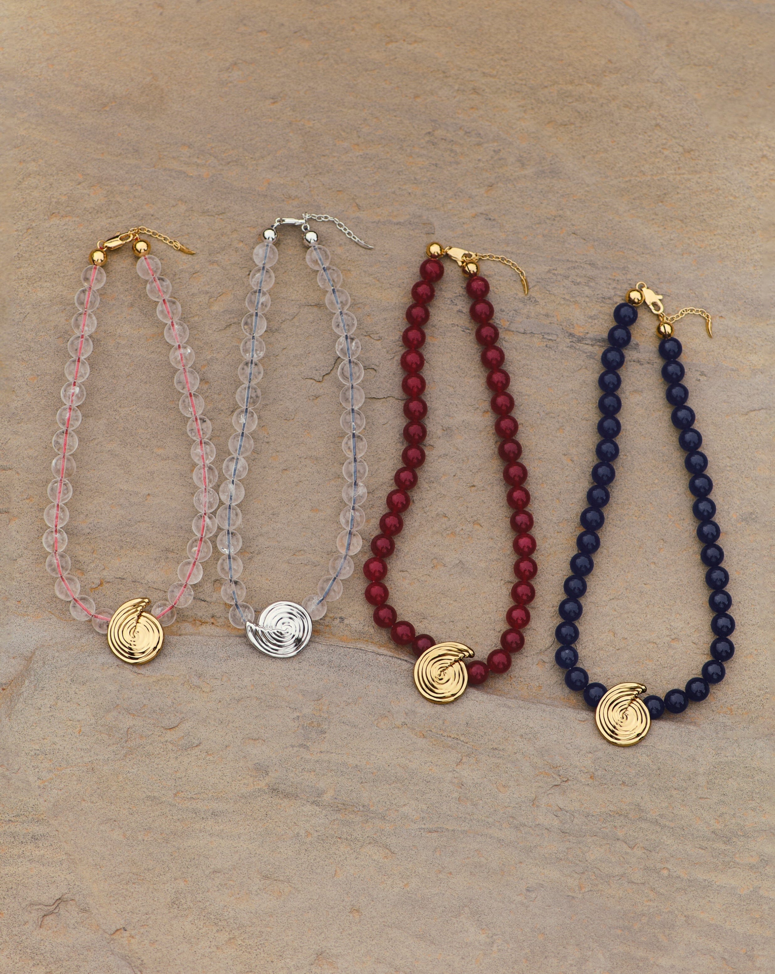 Spiral Gemstone Beaded Pendant Necklace | 18k Gold Plated/Dark Cherry Crystal Quartz