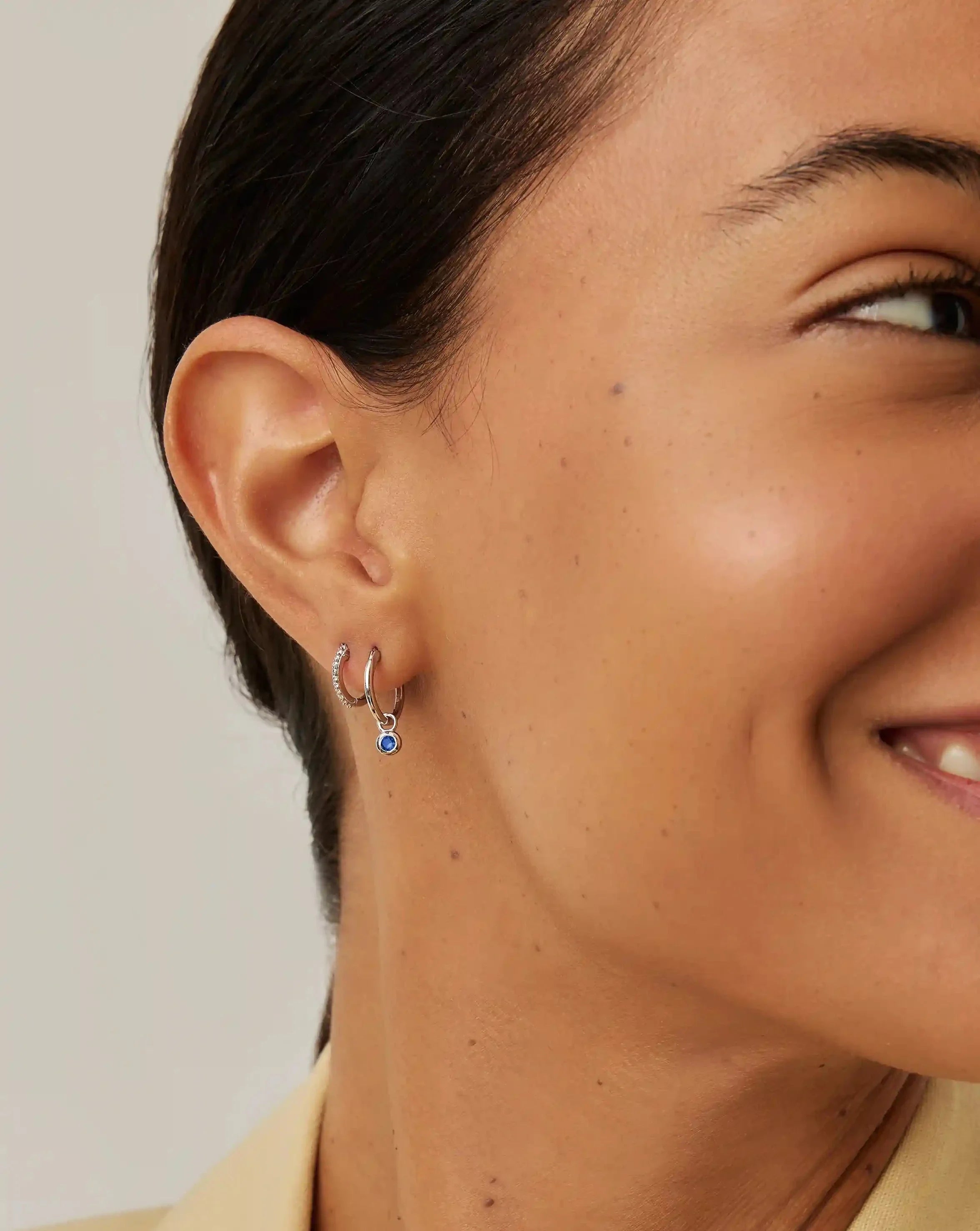 Tennis Charm Mini Hoop Earrings | Sterling Silver/Sapphire Blue Nano-crystal