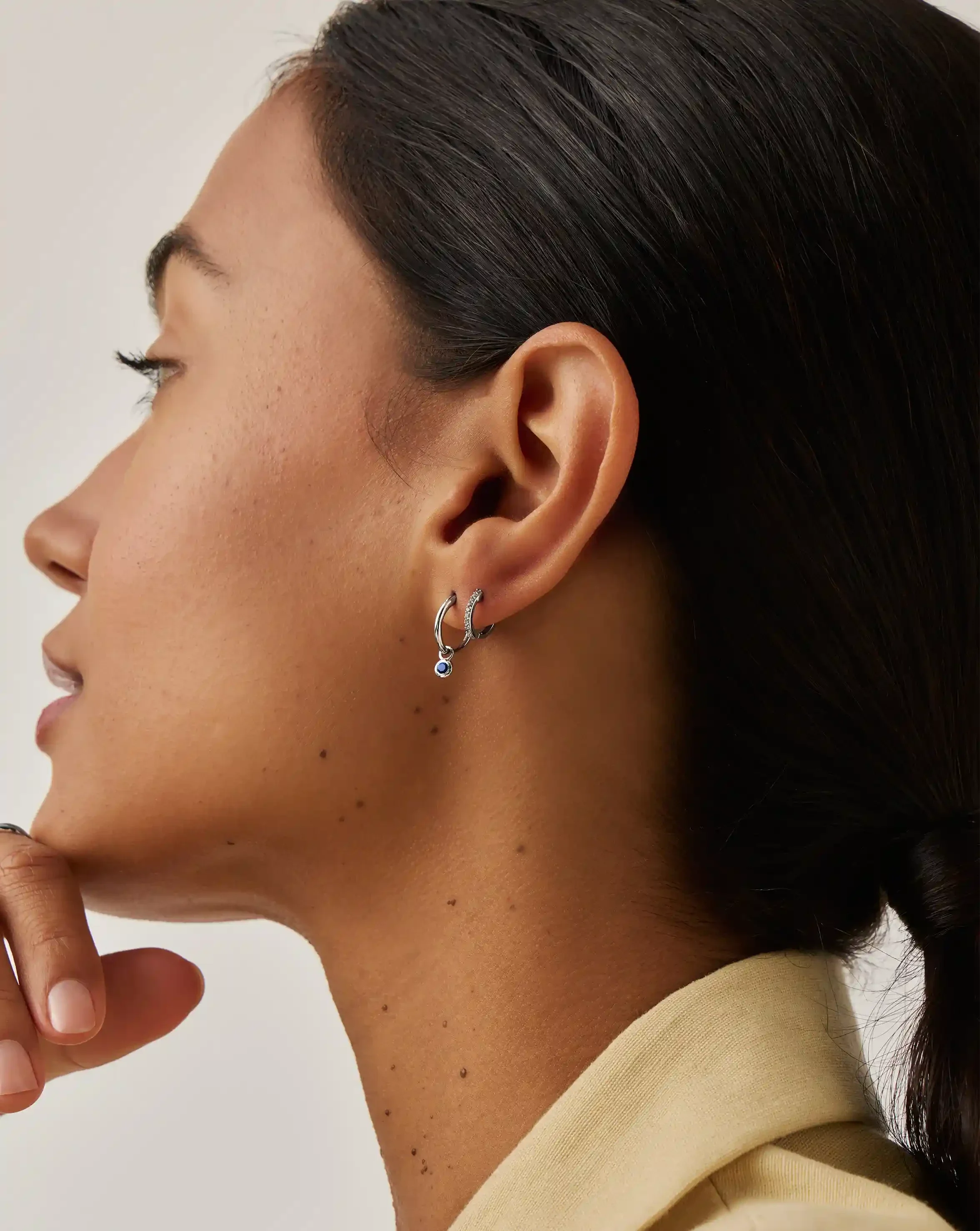 Tennis Charm Mini Hoop Earrings | Sterling Silver/Sapphire Blue Nano-crystal