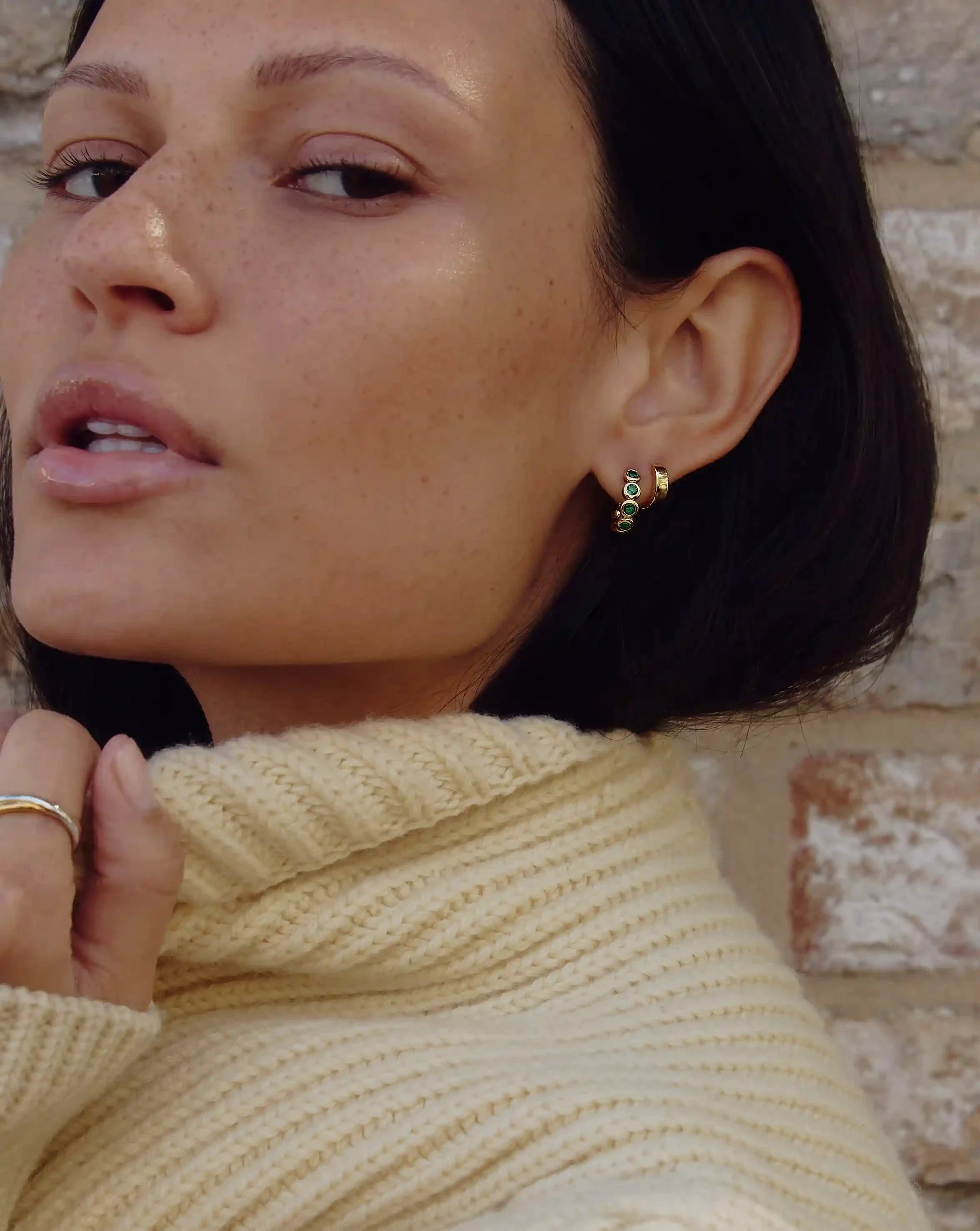 Tennis Small Hoop Earrings | 18k Gold Vermeil/Emerald Green Nano-crystal