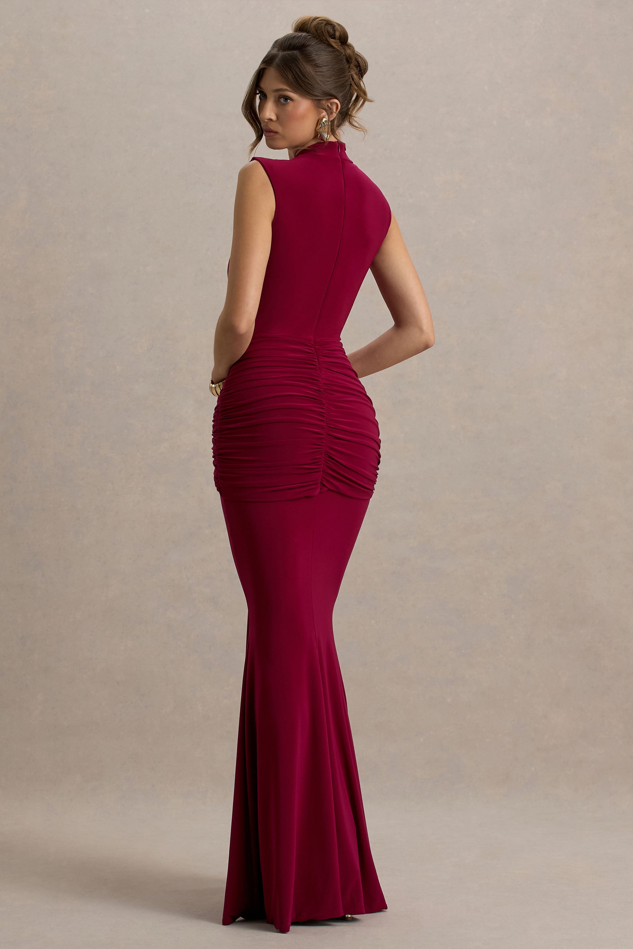Graziana | Dark Cherry High-Neck Gathered Draped Maxi Dress