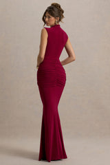 Graziana | Dark Cherry High-Neck Gathered Draped Maxi Dress