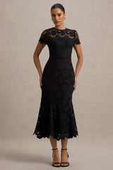 Clarissa | Black Lace Short-Sleeve Pleated Midi Dress