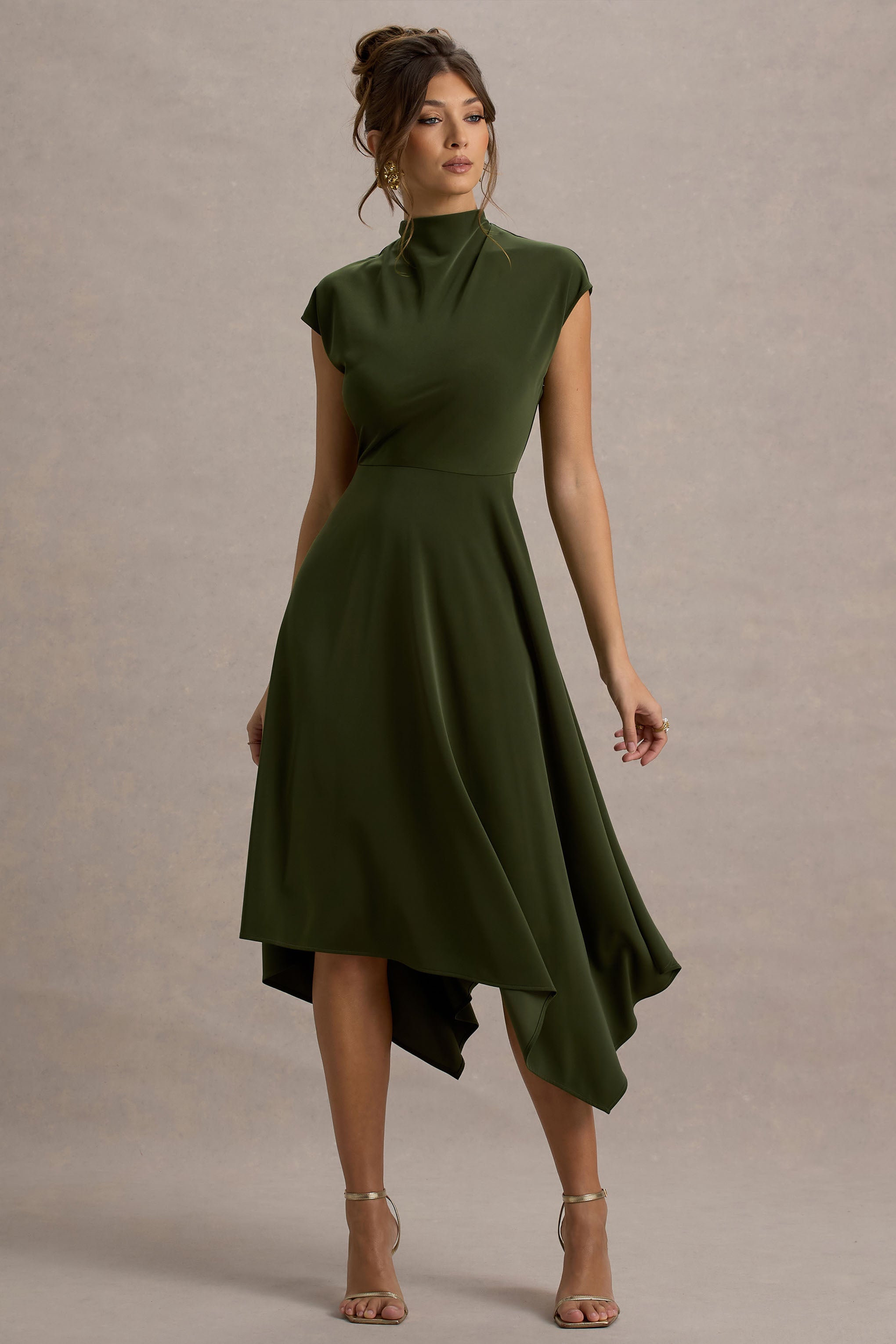 Velma | Olive Satin Midi Dress With Draped Hem