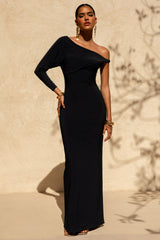 Floria | Black Draped One-Sleeve Maxi Dress