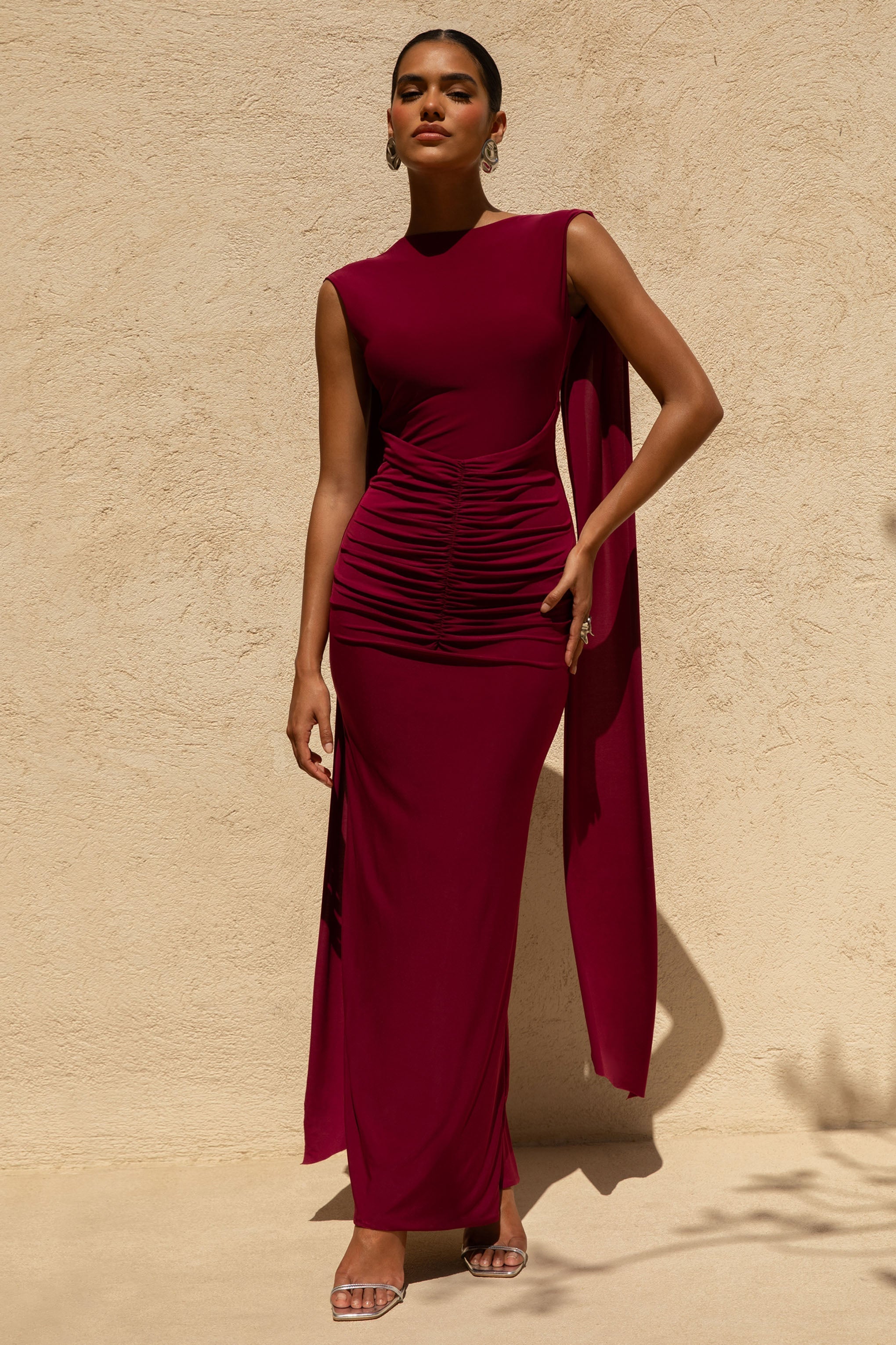 Saige | Burgundy Cap-Sleeve Gathered Maxi Dress