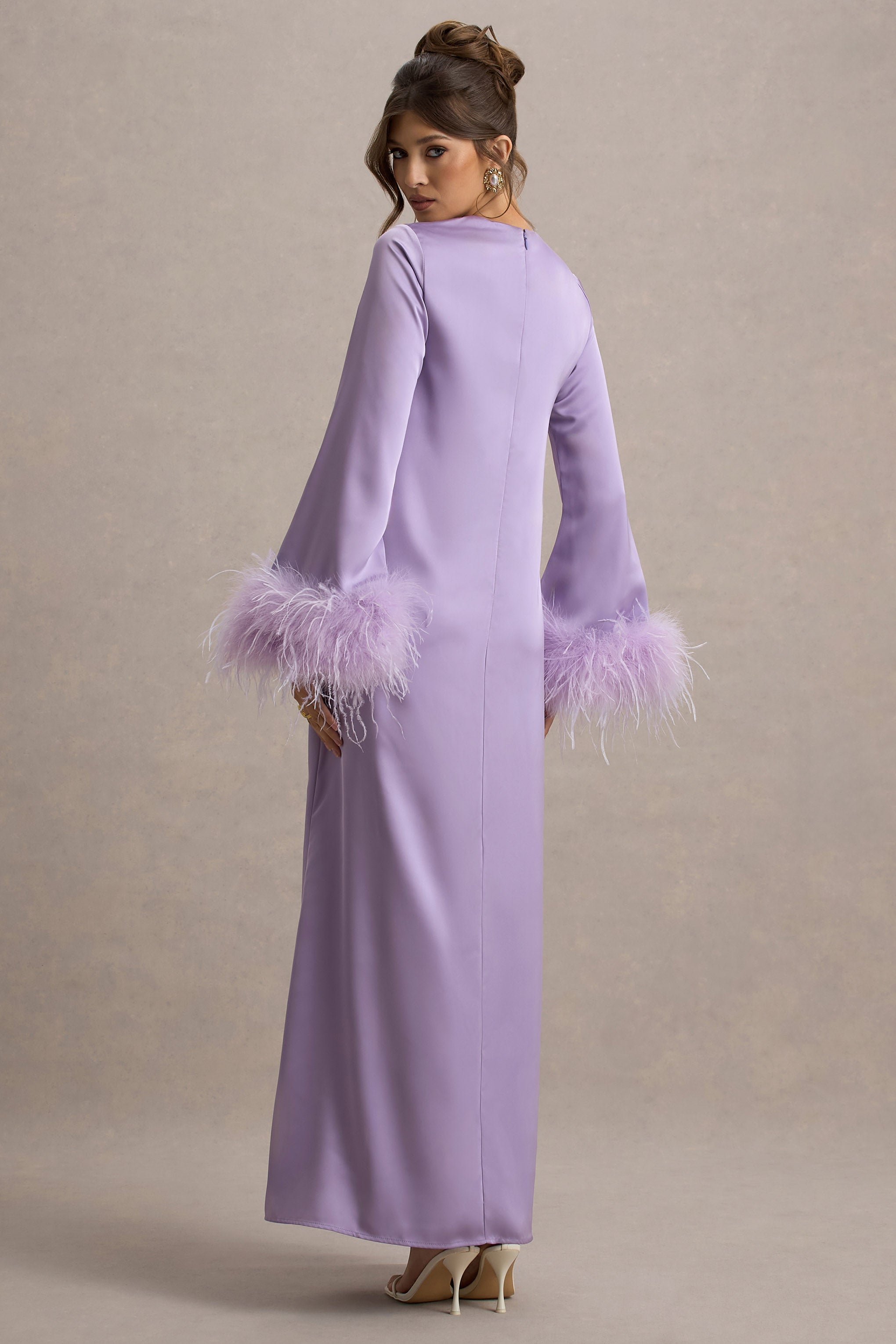 Adella | Lilac Satin Feather-Trim Maxi Dress
