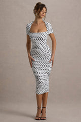 Paxos | White Polka Dot Ruched Short-Sleeve Midi Dress