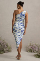 Late Night | Blue Floral Print Maternity Ruched One Shoulder Midi Dress