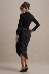 Luanna | Black Satin Long-Sleeve Midi Dress With Draped Skirt