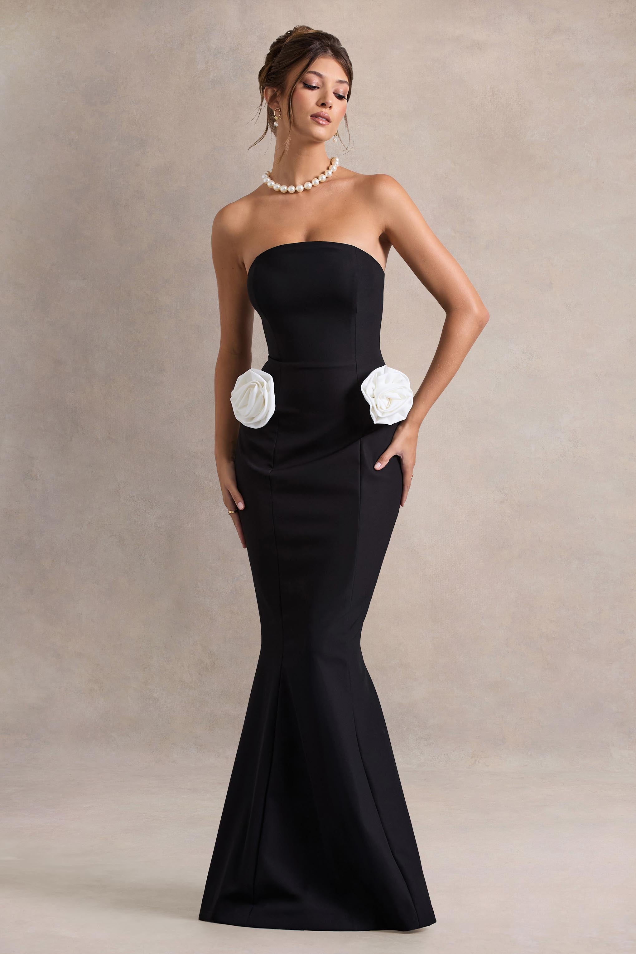 Best Of The Best | Black Strapless Fishtail Maxi Dress With Corsages
