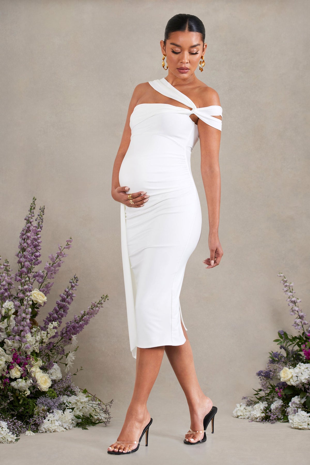 Just Wait | White Asymmetric Strappy Maternity Midi Dress With Drape