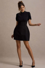 Carabella | Black High-Neck Short-Sleeve Mini Dress