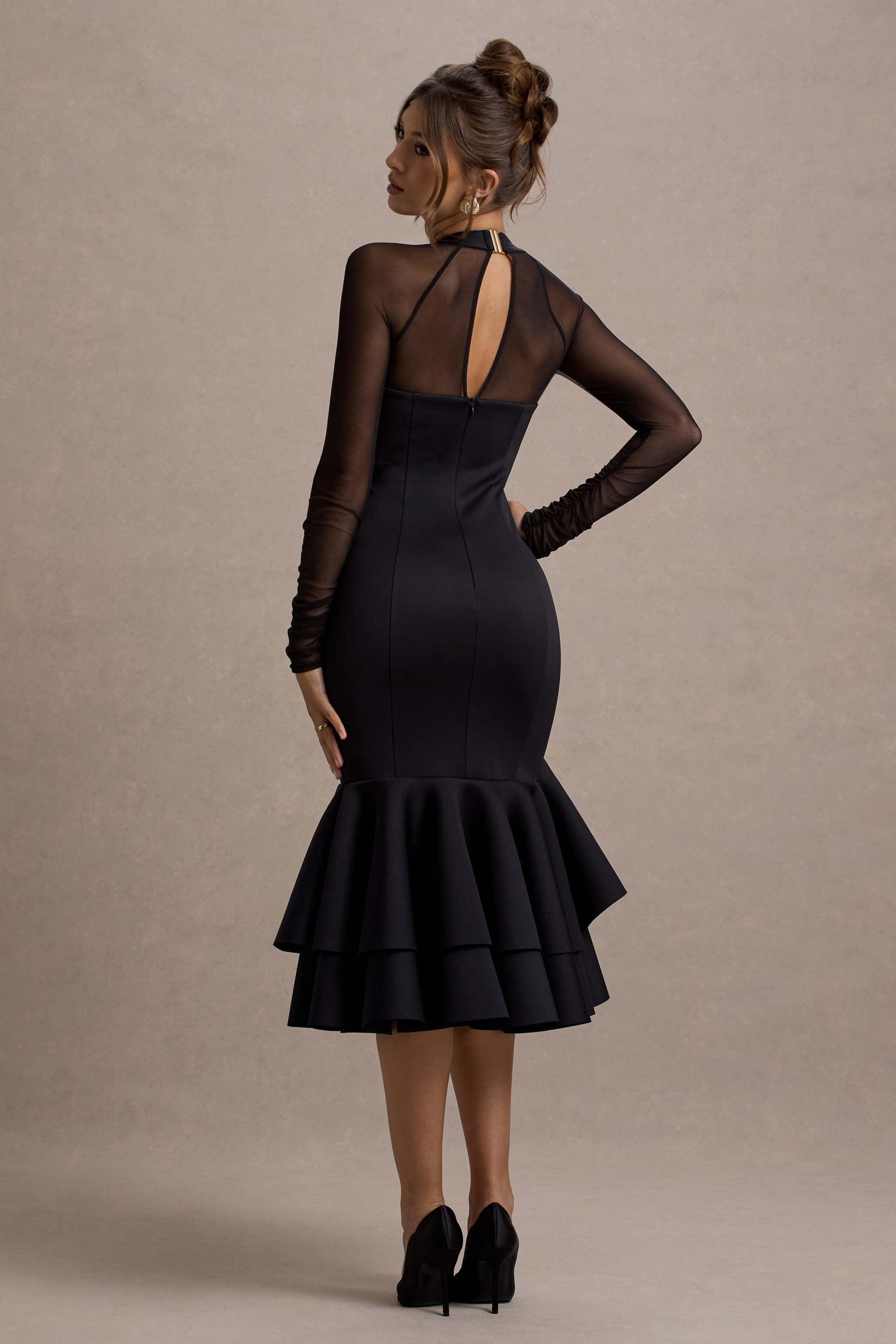 Sander | Black Mesh Long-Sleeve Ruffle-Hem Midi Dress