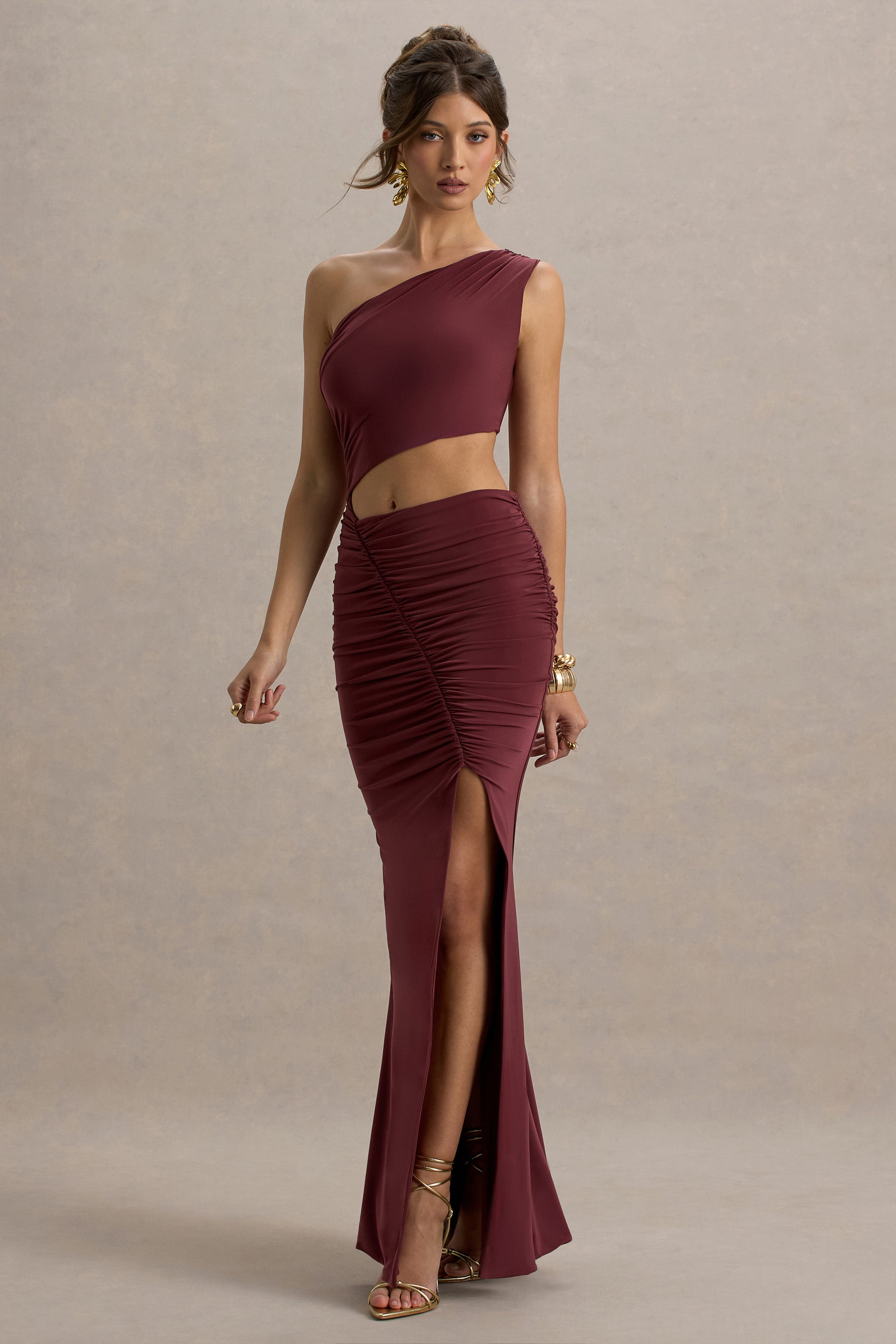 Sena | Burgundy Asymmetric Maxi Dress With Cut Out Details