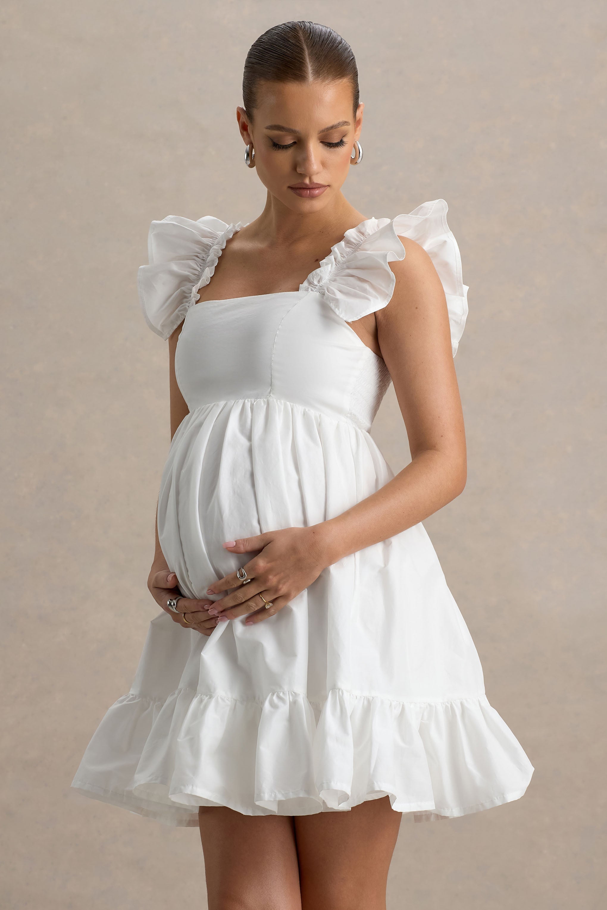 Dolly Daze | White Ruffle Sleeve Babydoll Maternity Mini Dress