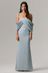 Serene | Powder Blue Draped Bardot Maxi Dress
