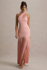 Sansa | Light Pink Satin Cross Halter-Neck Plisse Maxi Dress
