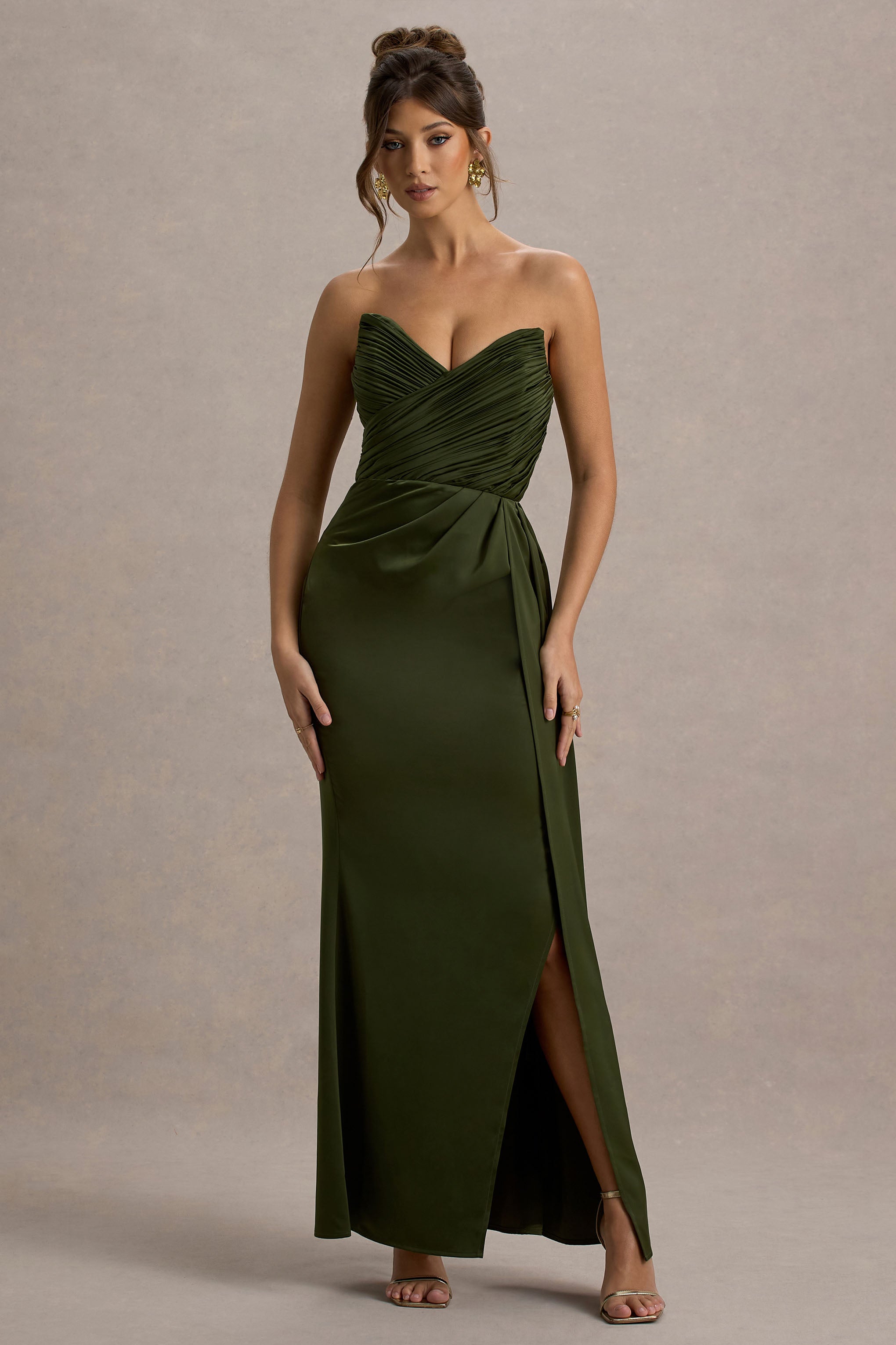 Edel | Olive Satin Strapless Maxi Dress With Drape