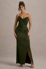 Edel | Olive Satin Strapless Maxi Dress With Drape