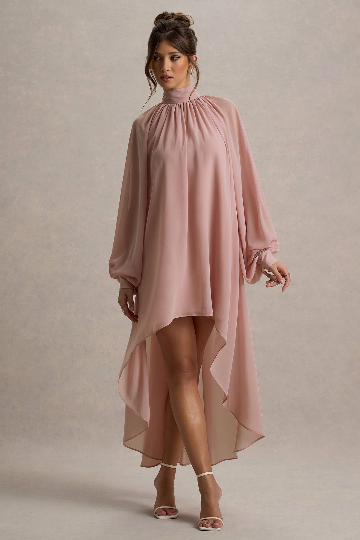 Delphia | Pale Pink High-Neck Maxi Dress With High-Low Hem