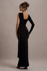 Ashini | Black One-Sleeve Maxi Dress With Cape
