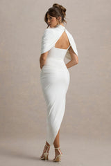 Enchant | White Asymmetric Twisted Cape Midi Dress
