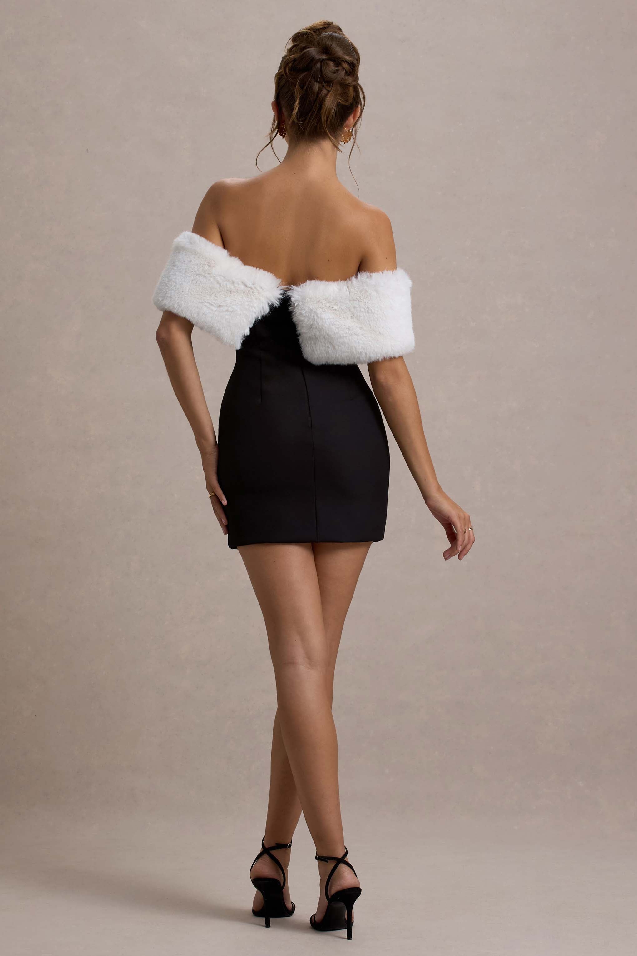 Little Luxe | Black Bardot Mini Dress With White Fur Trim