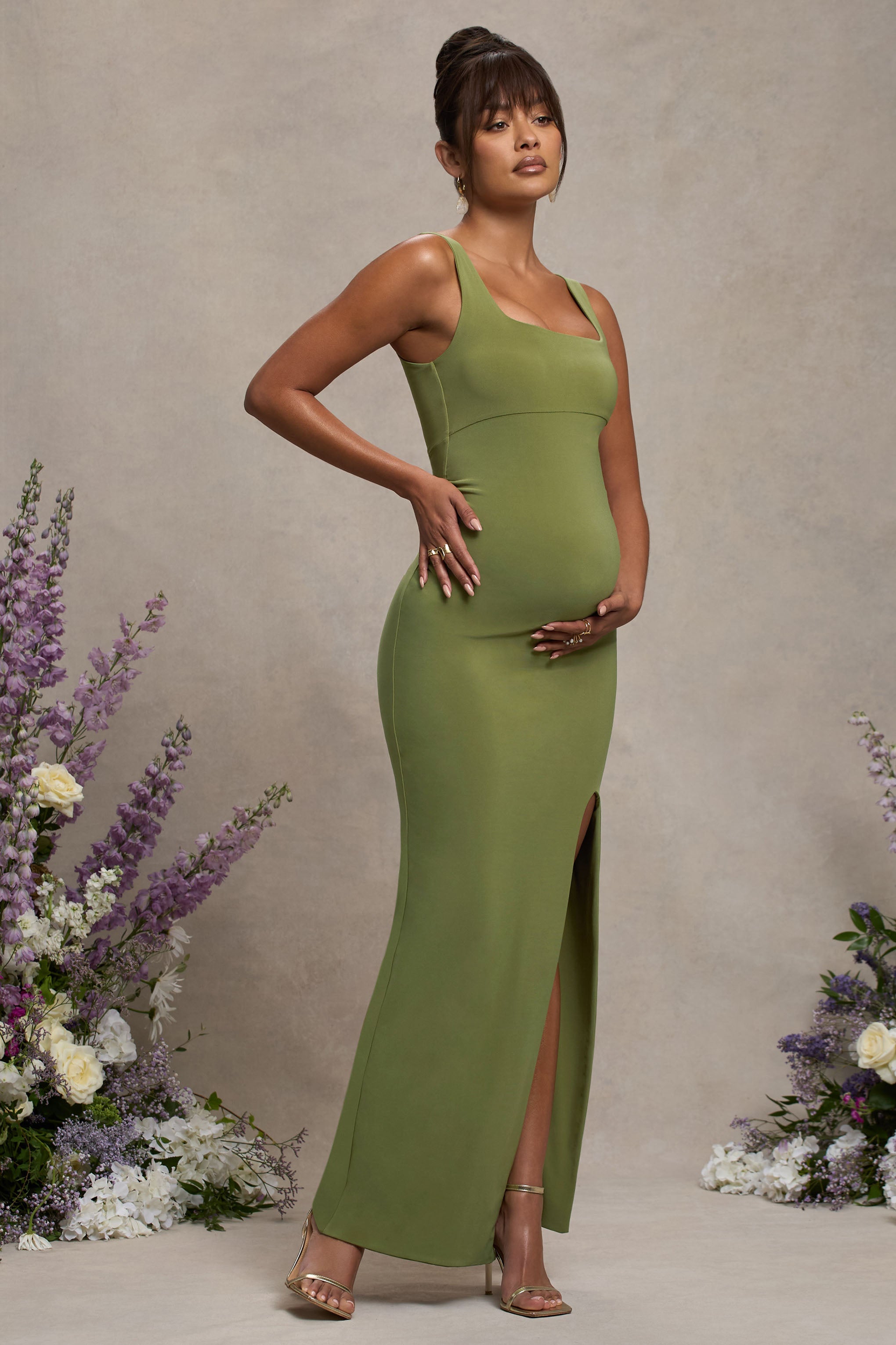 Avril | Olive Square Neck Maternity Maxi Dress with Split