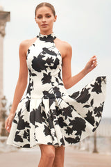 Masterpiece | Cream Floral Print High-Neck Mini Dress With Volume Hem