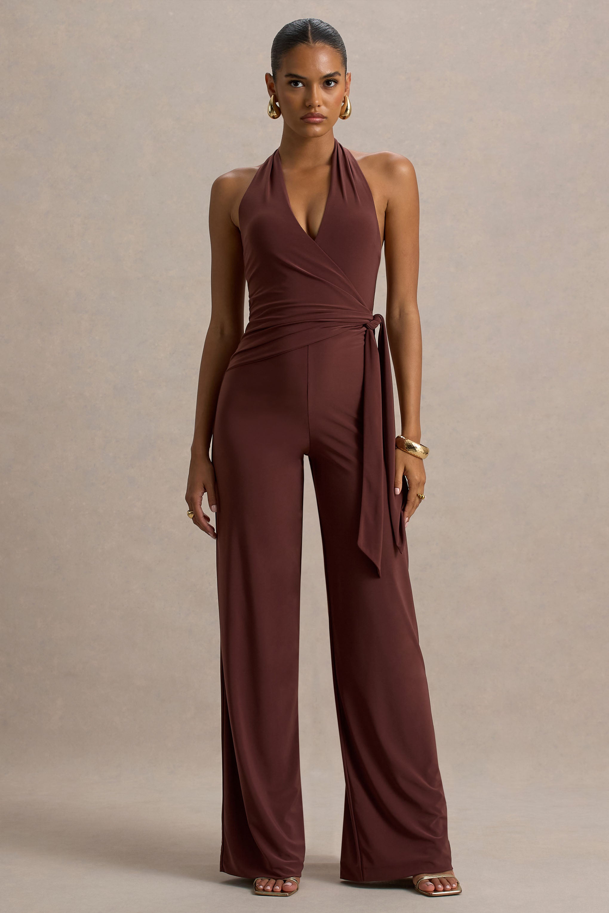 Marlais | Chocolate Plunge-Neck Jumpsuit With Tie-Waist